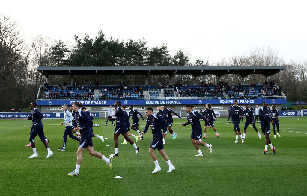 France's players attends a training session as part of the team's preparation for upcoming friendly football matches, in Clairefontaine-en-Yvelines on March 19, 2024.