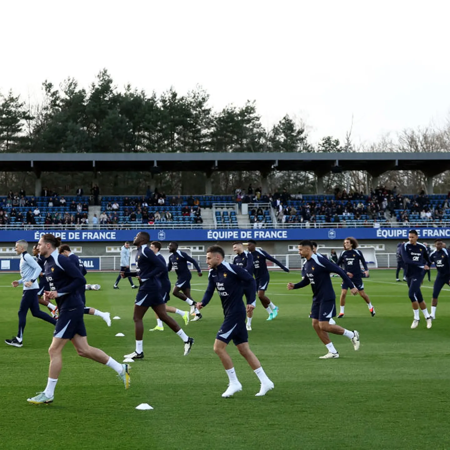 France's players attends a training session as part of the team's preparation for upcoming friendly football matches, in Clairefontaine-en-Yvelines on March 19, 2024.