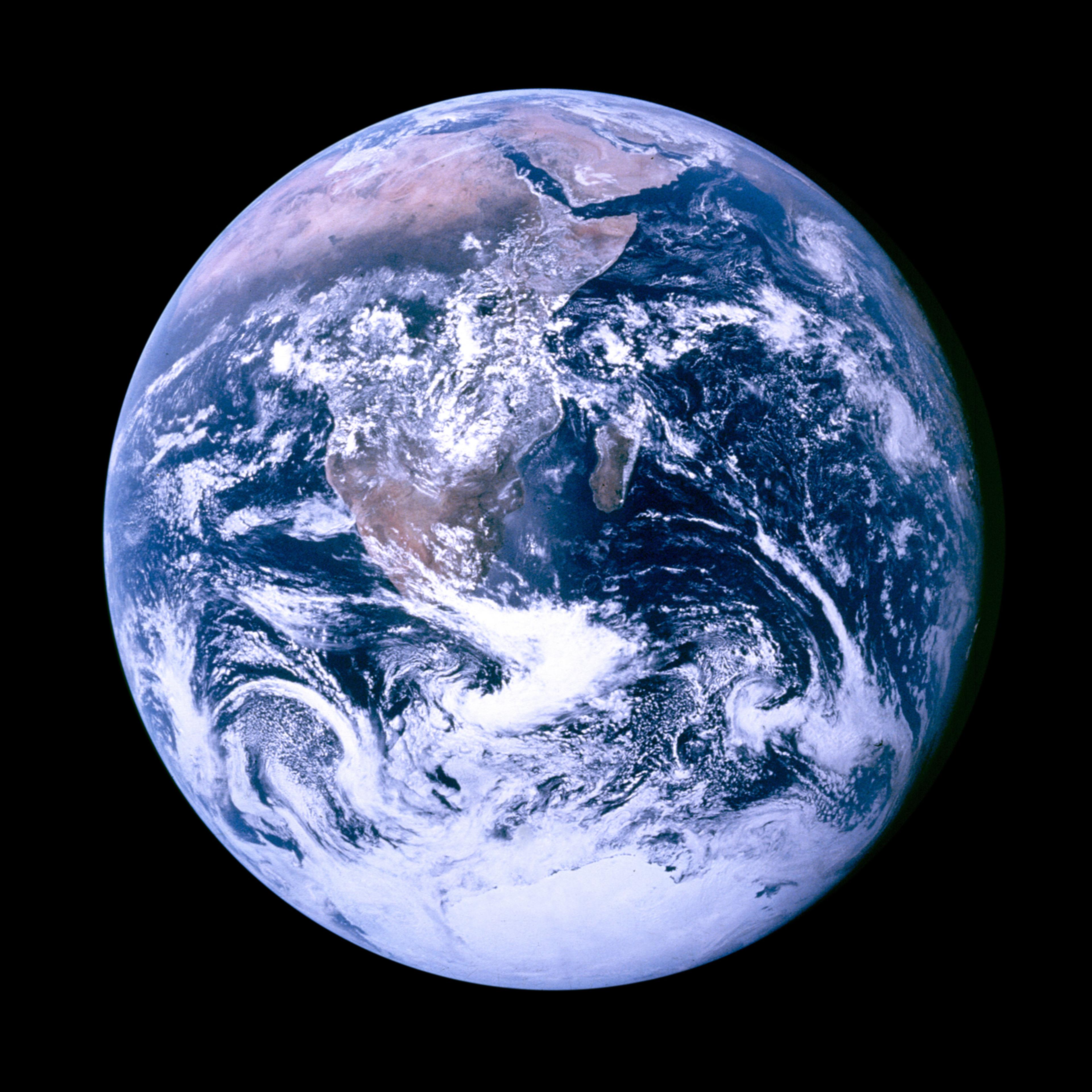View of the Earth as seen by the Apollo 17 crew traveling toward the moon, Dec. 7, 1972.