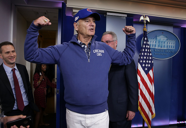 Comedian Bill Murray gestures as he visits the James Brady Press Briefing Room at the White House October 21, 2016 in Washington, DC. Murray is in Washington to receive the 2016 Mark Twain Prize for American Humor at the Kennedy Center on Sunday.