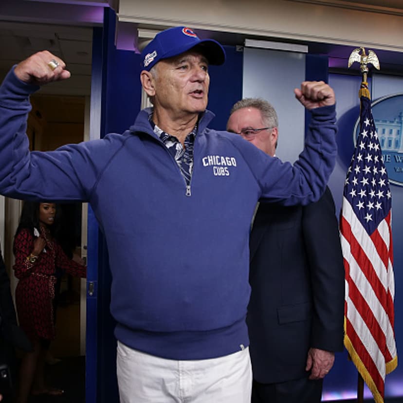 Comedian Bill Murray gestures as he visits the James Brady Press Briefing Room at the White House October 21, 2016 in Washington, DC. Murray is in Washington to receive the 2016 Mark Twain Prize for American Humor at the Kennedy Center on Sunday.