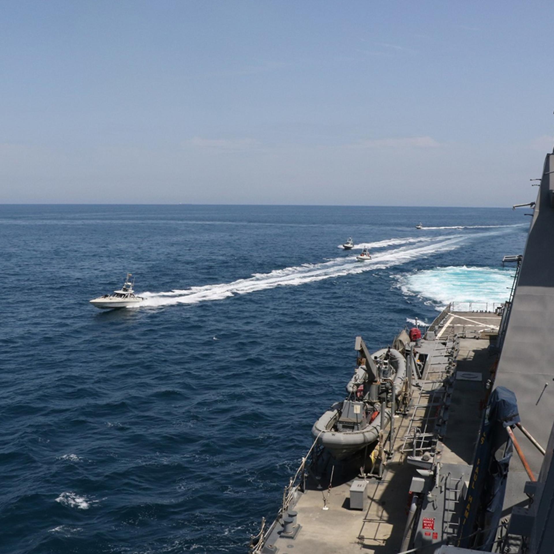 Iranian Islamic Revolutionary Guard Corps Navy vessels cross U.S. Military ships' bows and sterns at close range while operating in the international waters of the North Arabian Gulf on April 15, 2020.