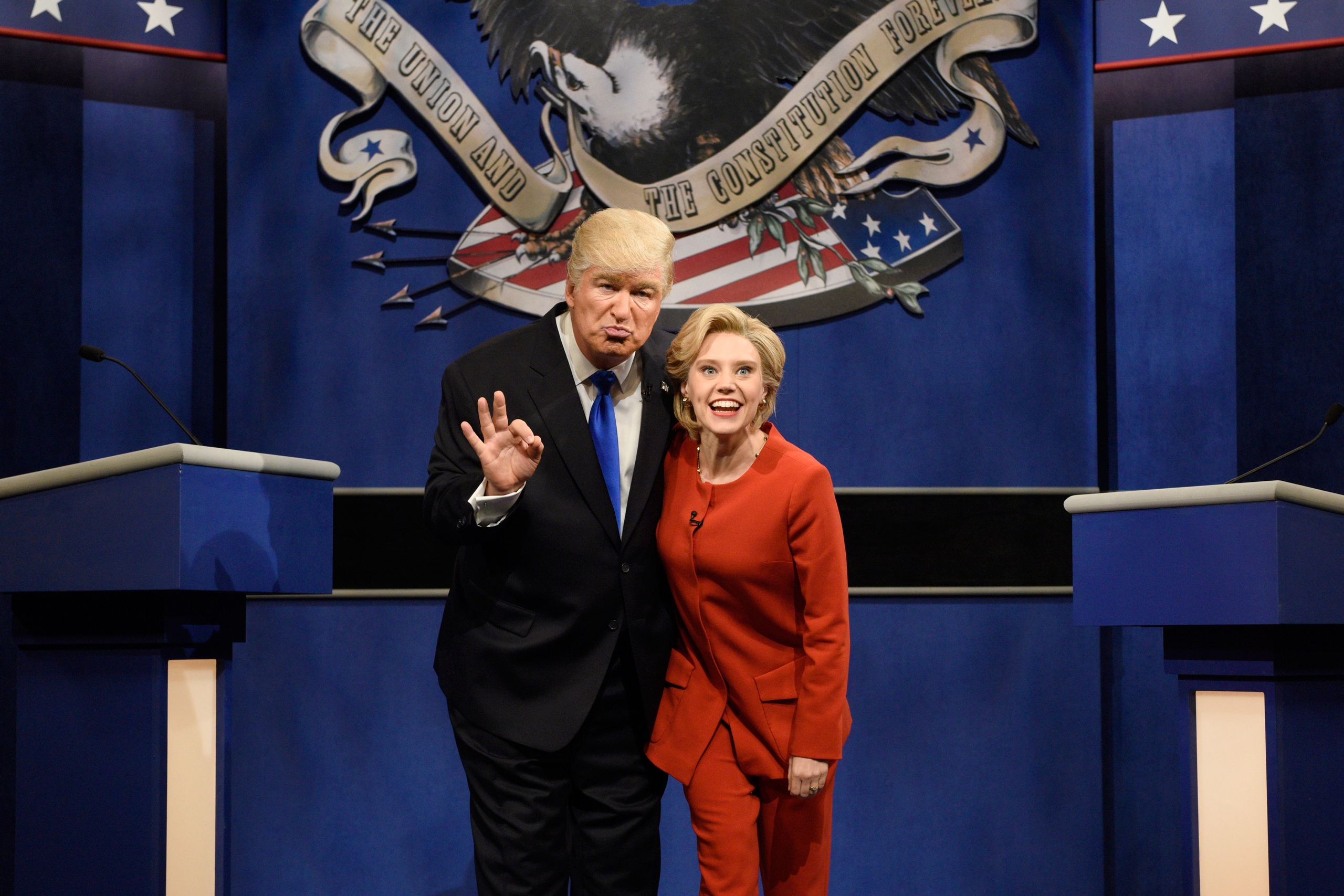 SATURDAY NIGHT LIVE -- "Margot Robbie" Episode 1705 -- Pictured: (l-r) Alec Baldwin as Republican Presidential Candidate Donald Trump and Kate McKinnon as Democratic Presidential Candidate Hillary Clinton during the "Debate Cold Open" sketch on October 1