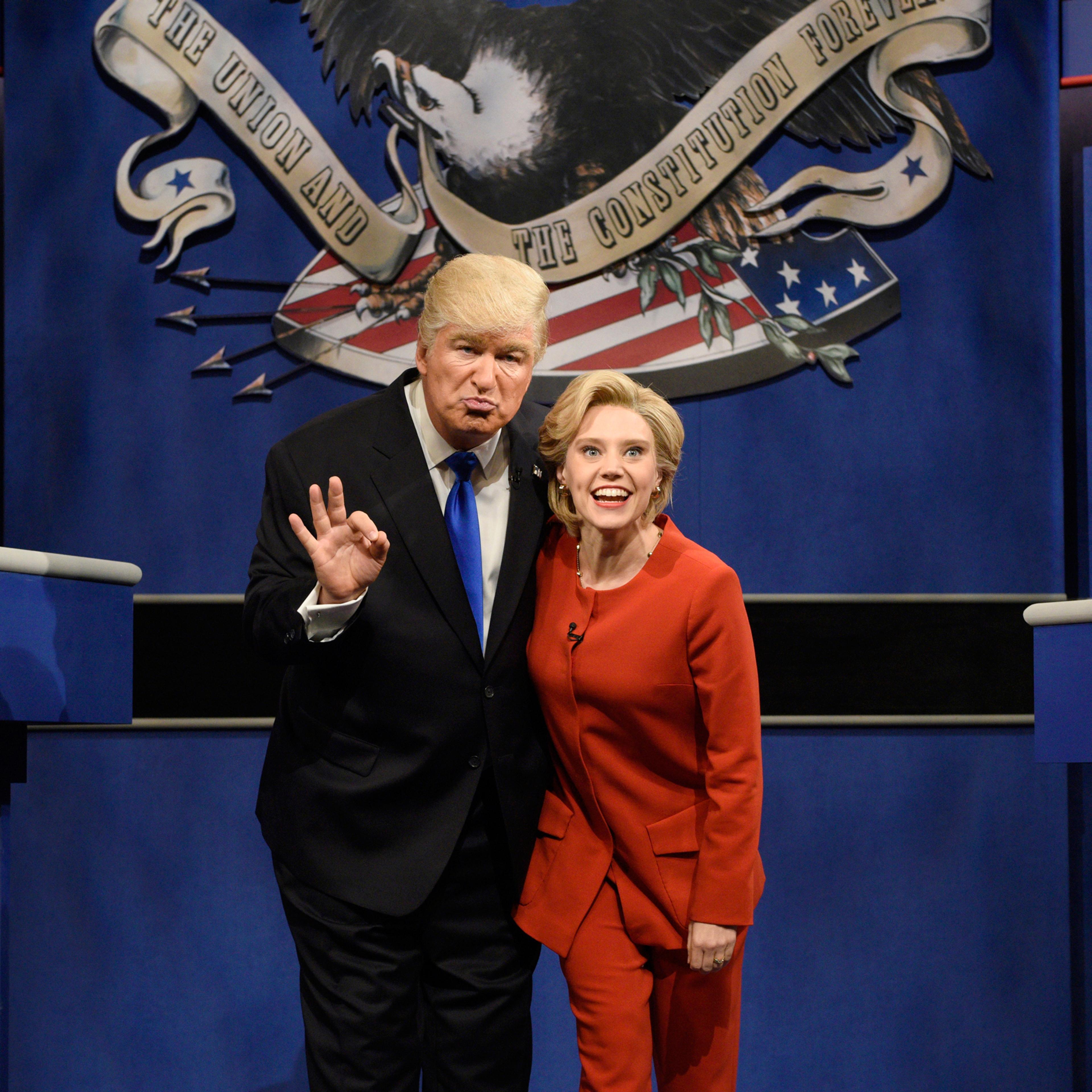 SATURDAY NIGHT LIVE -- "Margot Robbie" Episode 1705 -- Pictured: (l-r) Alec Baldwin as Republican Presidential Candidate Donald Trump and Kate McKinnon as Democratic Presidential Candidate Hillary Clinton during the "Debate Cold Open" sketch on October 1