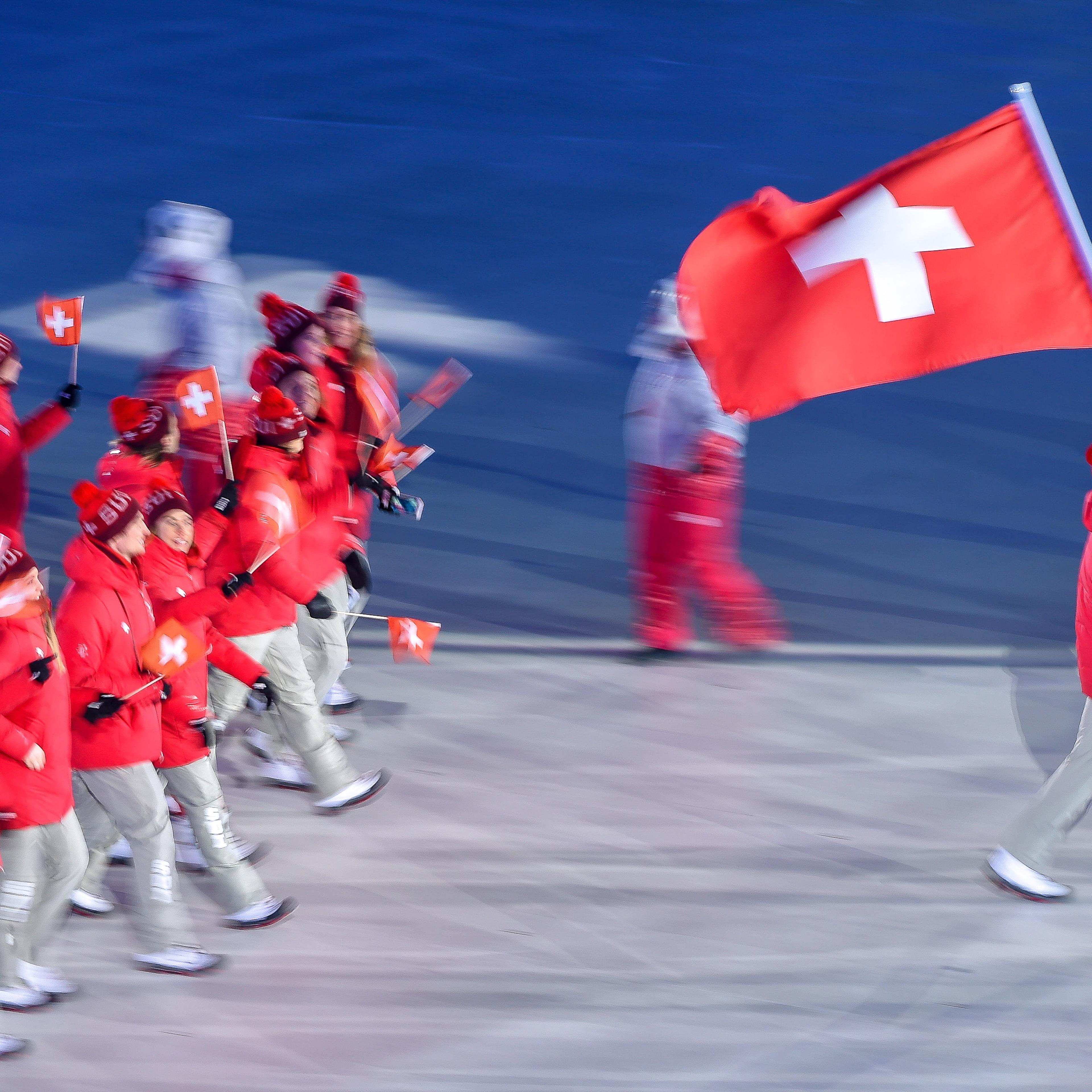 Switzerland's team walks at the Pyeongchang Winter Olympics Opening Ceremony
