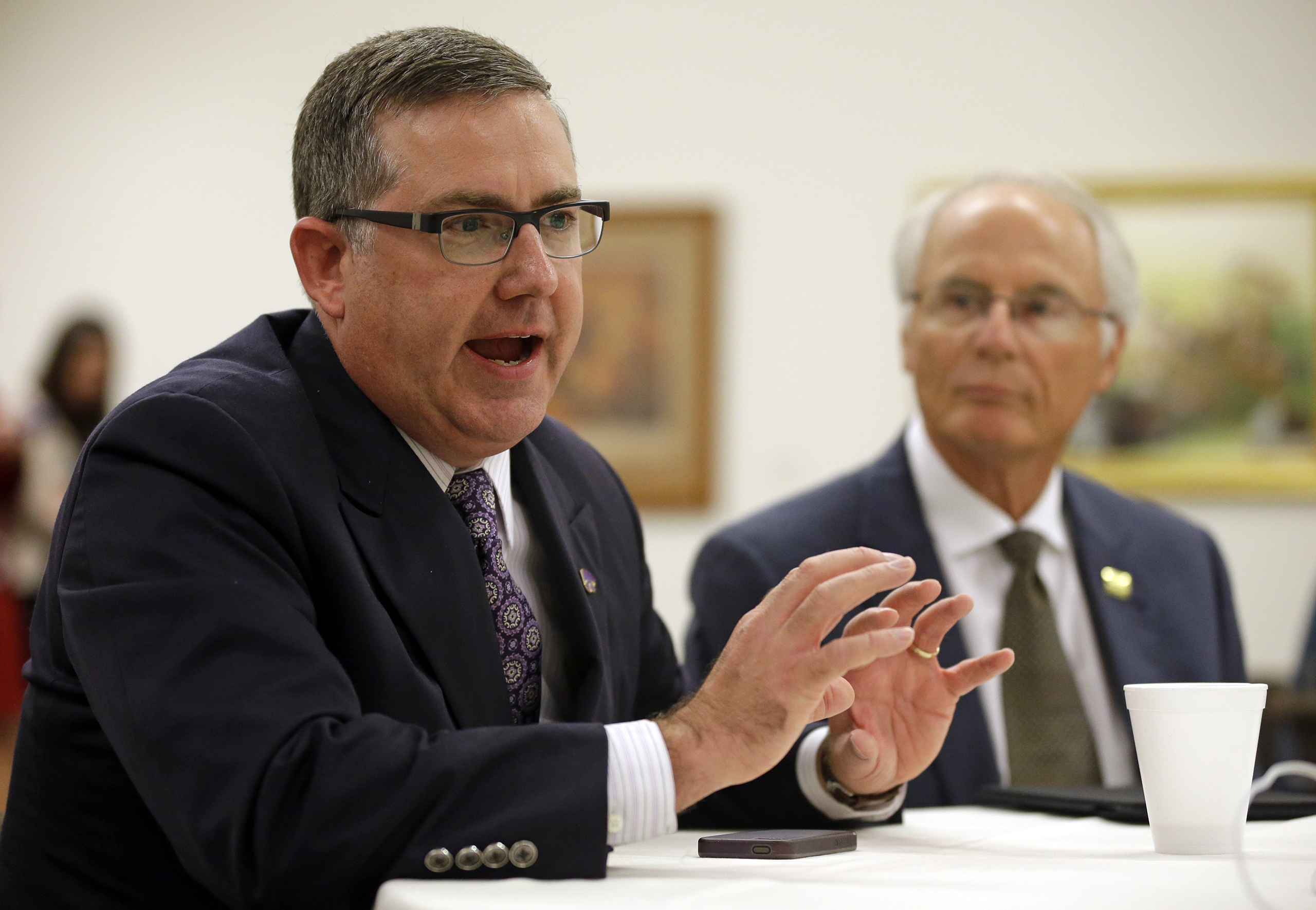Wright State University president David R. Hopkins at NCAA headquarters in Indianapolis, Aug. 7, 2014.