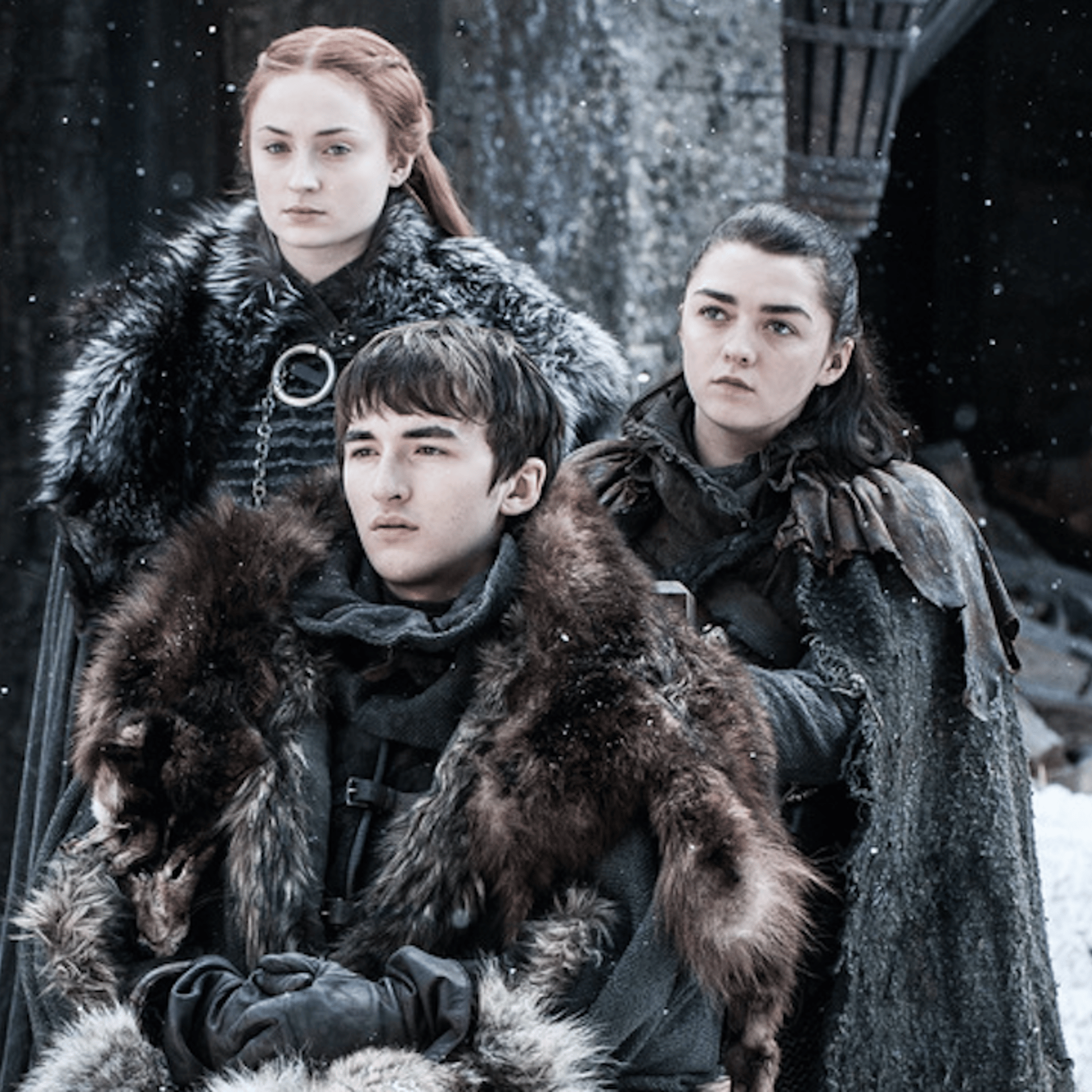 Sophie Turner, Isaac Hempstead Wright and Maisie Williams in Game of Thrones
