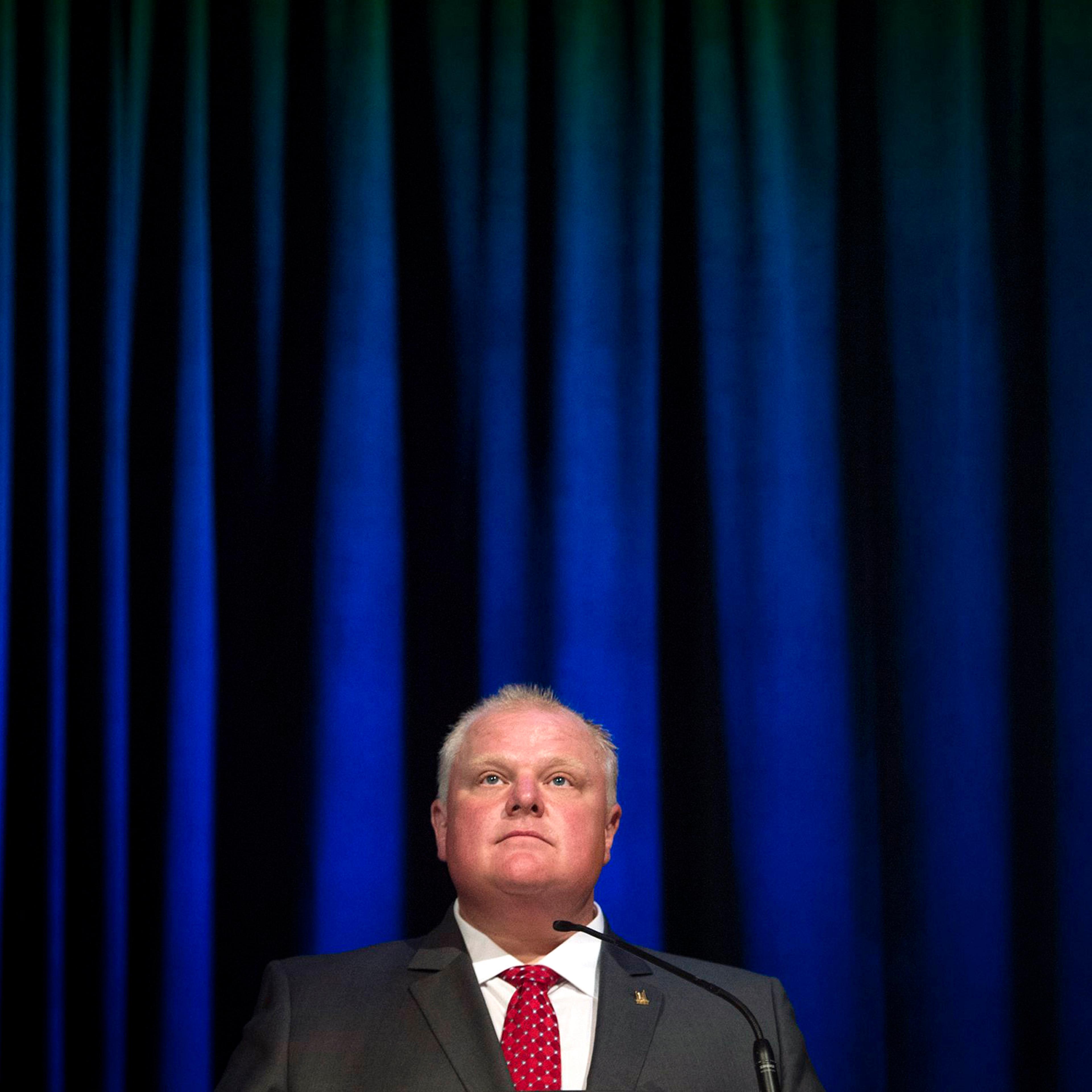 Toronto Mayor Rob Ford pauses while participating in a mayoral debate in Toronto on July 15, 2014.