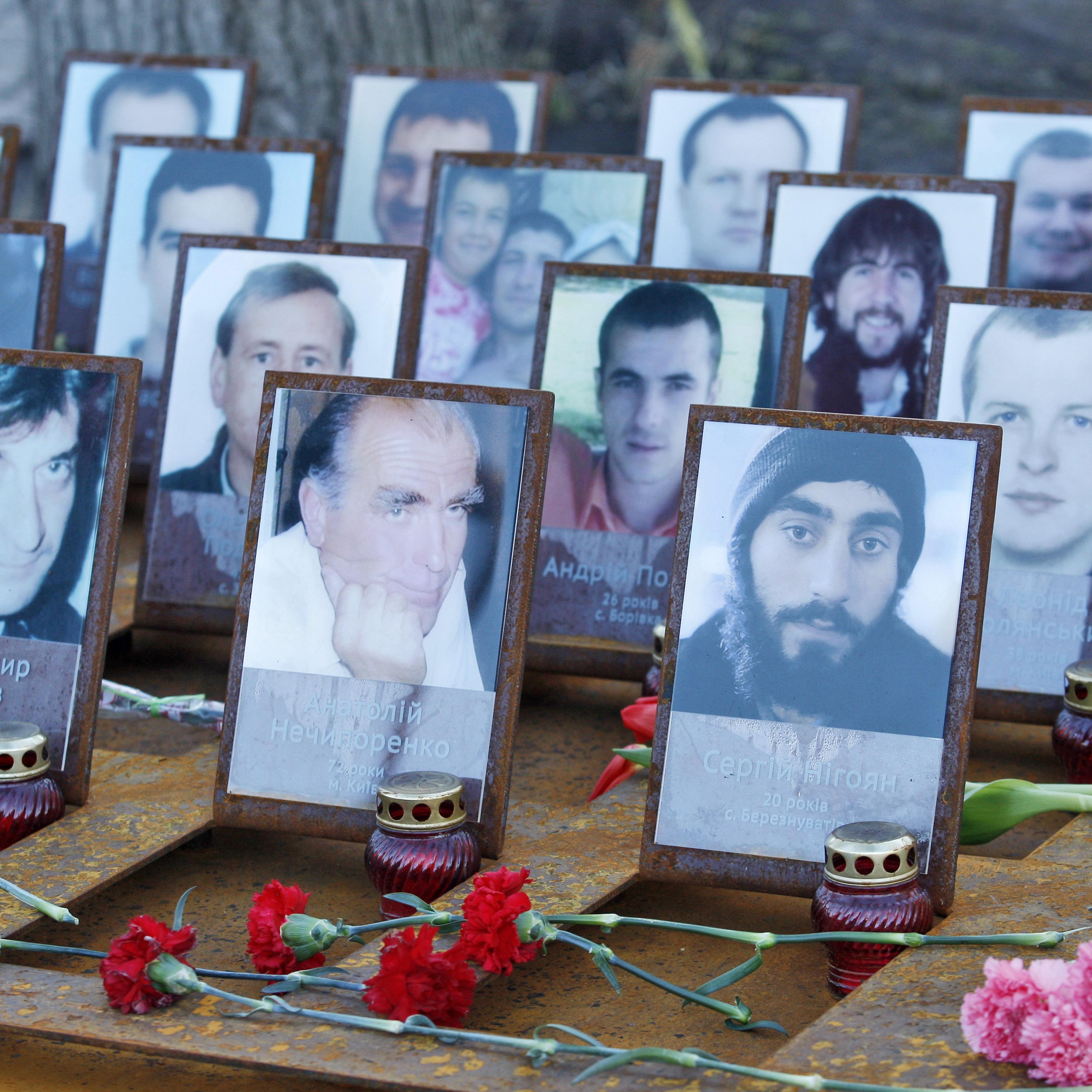 A memorial for Maidan activists or "Heroes of the Heavenly Hundred", who were killed on the Maidan during anti-government protests, in downtown Kiev, Ukraine is held on Feb. 17, 2016. This week Ukrainians mark the second anniversary of the shooting of ac