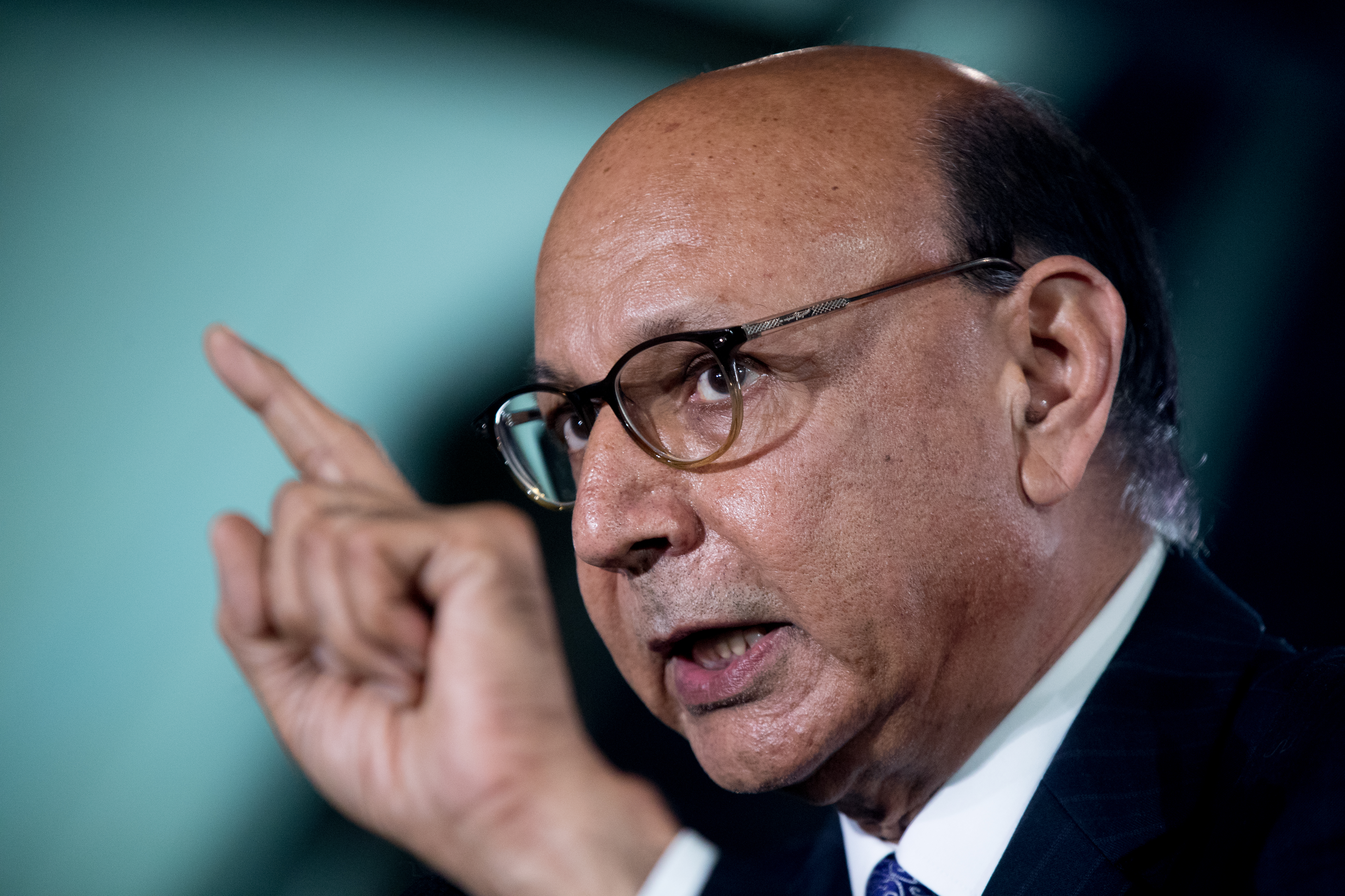 Khizr Khan, the father of fallen Army Capt. Humayun Khan speaks at a rally Hillary Clinton at The Armory at the Radisson Hotel in Manchester, N.H., Nov. 6, 2016.