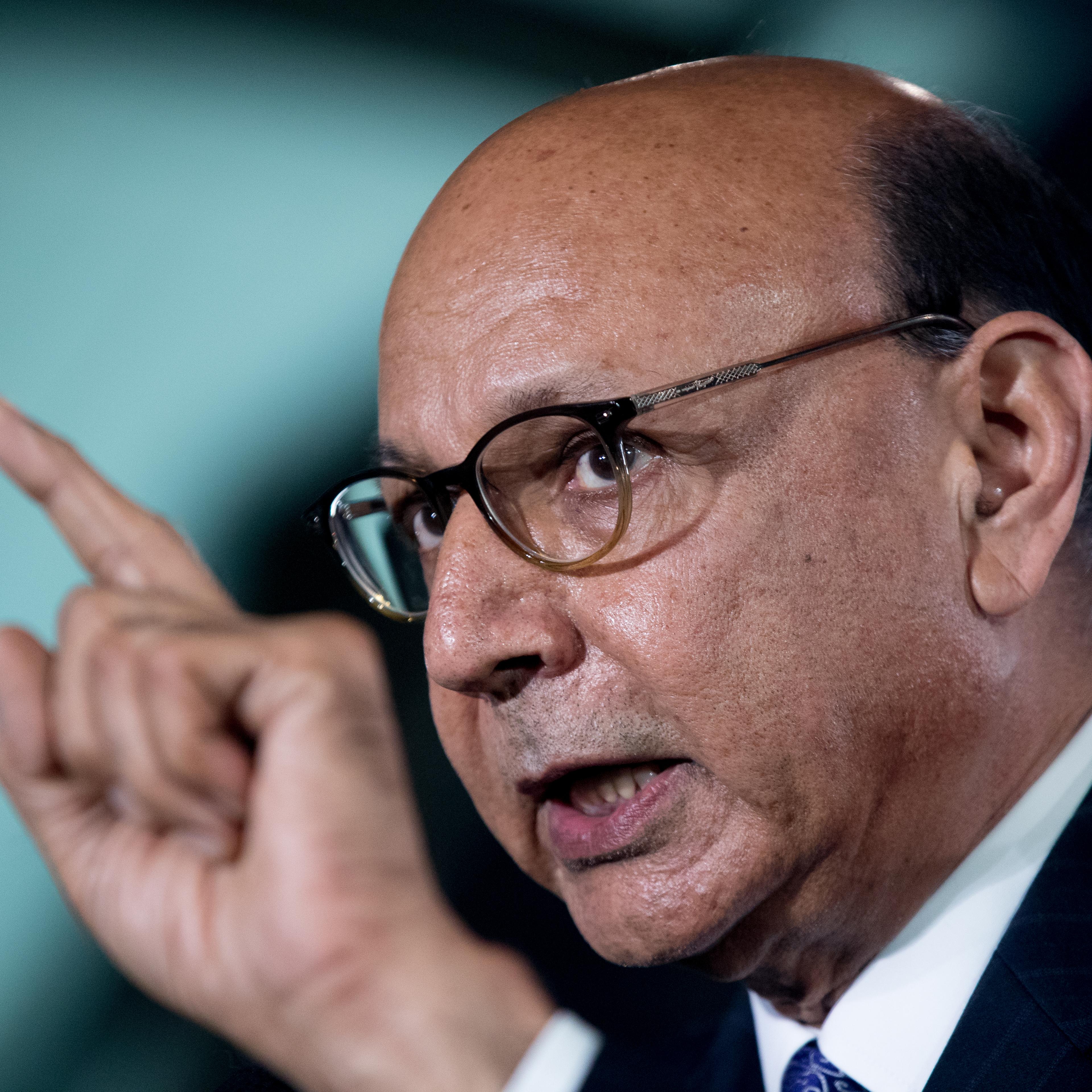 Khizr Khan, the father of fallen Army Capt. Humayun Khan speaks at a rally Hillary Clinton at The Armory at the Radisson Hotel in Manchester, N.H., Nov. 6, 2016.