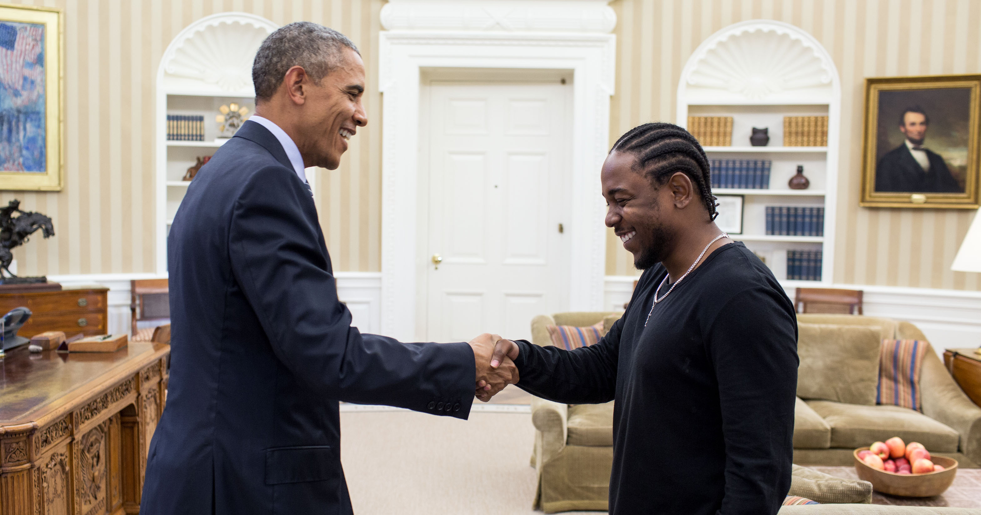 President Barack Obama meets with hip hop artist Kendrick Lamar, during an Oval Office drop by, Oct. 19, 2015.