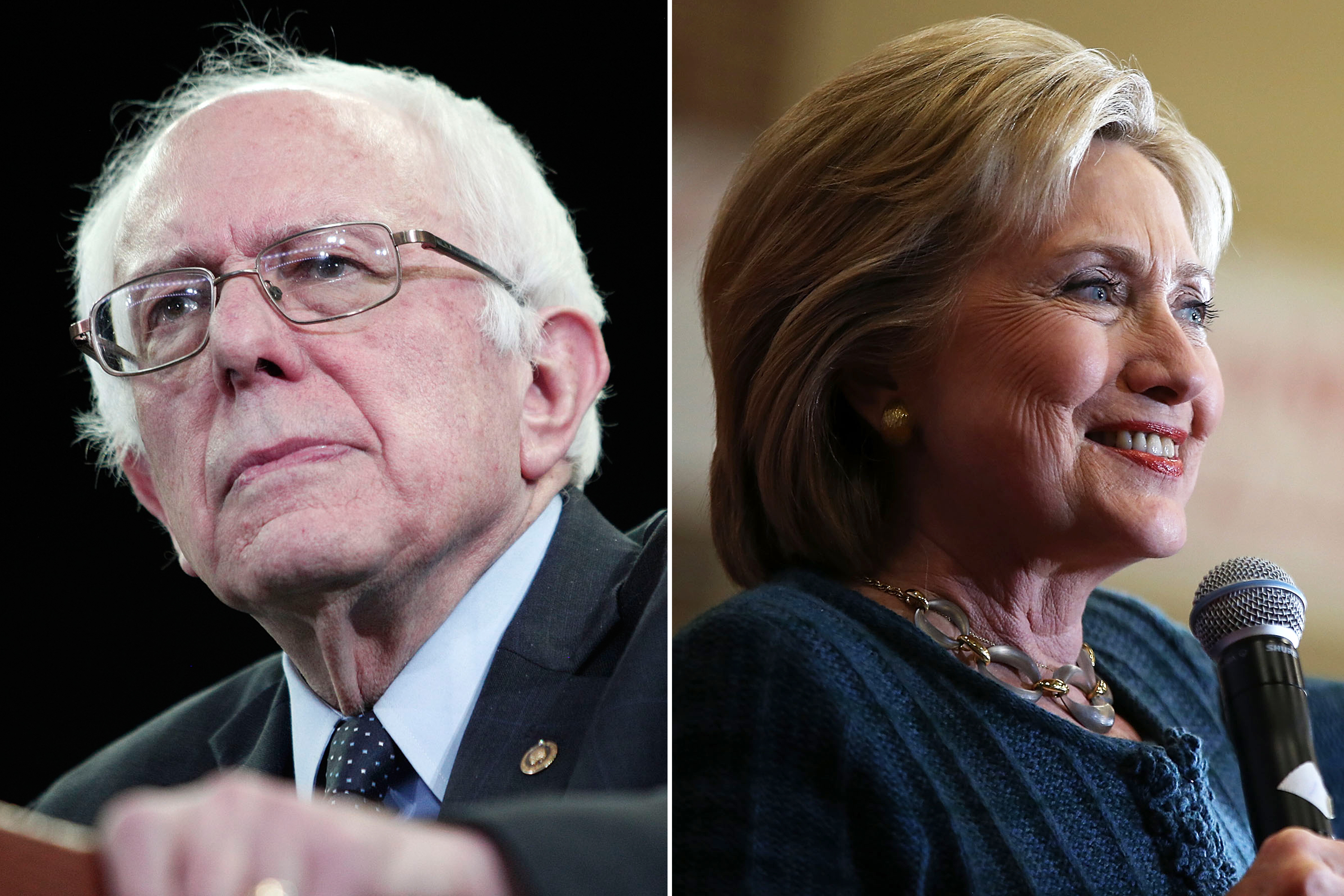 Bernie Sanders on Feb. 15th, 2016 in Ypsilanti, Michigan (L); Hillary Clinton on Jan. 26, 2016 in Marshalltown, Iowa.