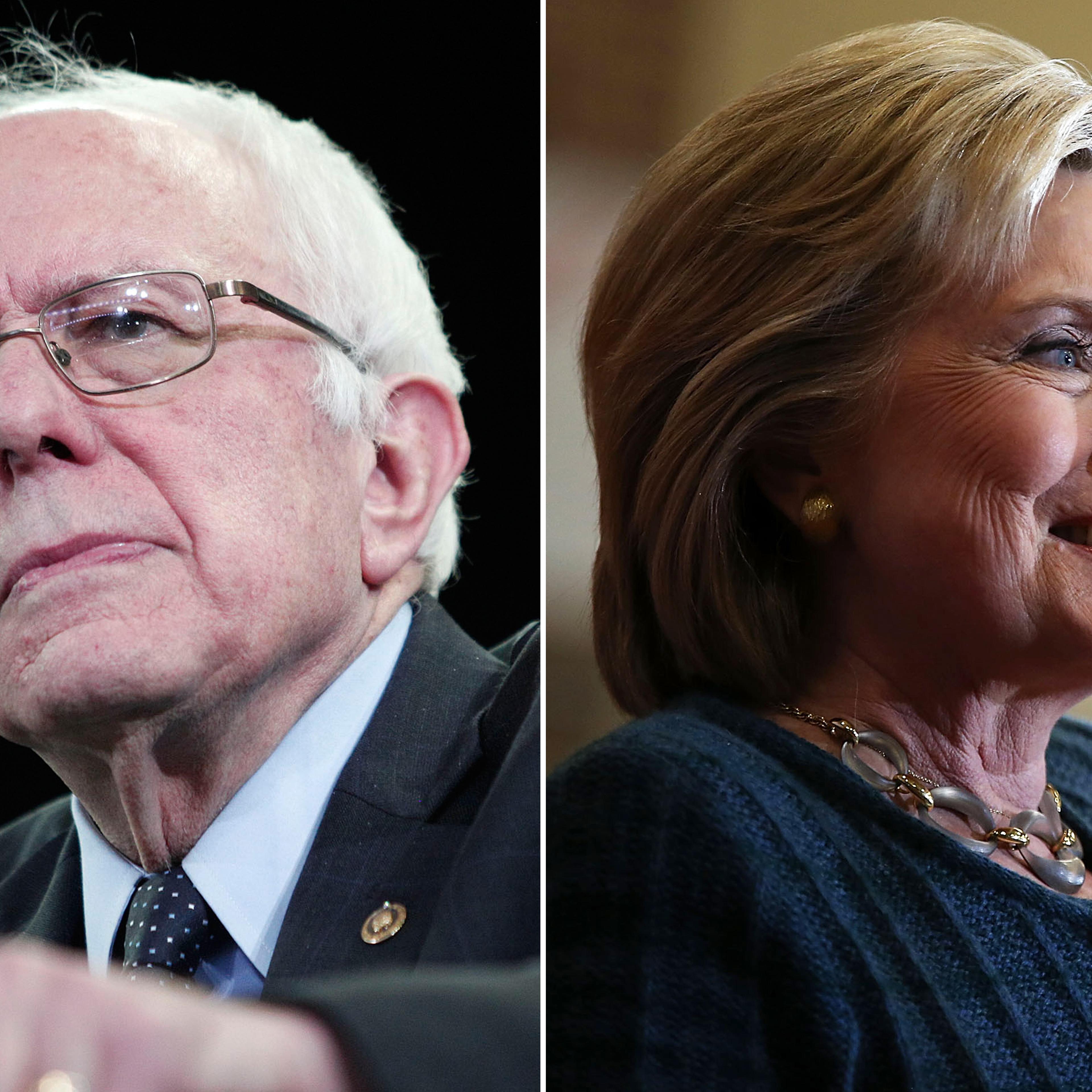 Bernie Sanders on Feb. 15th, 2016 in Ypsilanti, Michigan (L); Hillary Clinton on Jan. 26, 2016 in Marshalltown, Iowa.
