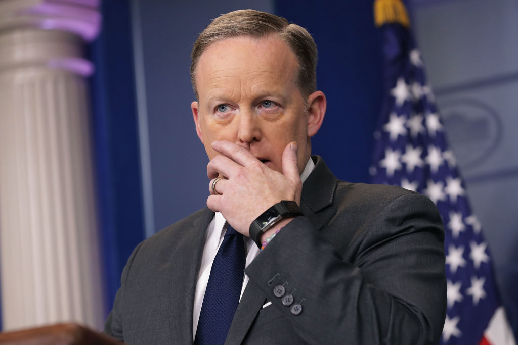 White House Press Secretary Sean Spicer takes reporters' questions during the daily press briefing at the White House March 27, 2017 in Washington, DC. Spicer faced questions about President Donald Trump's son-in-law and Senior Advisor to the President f