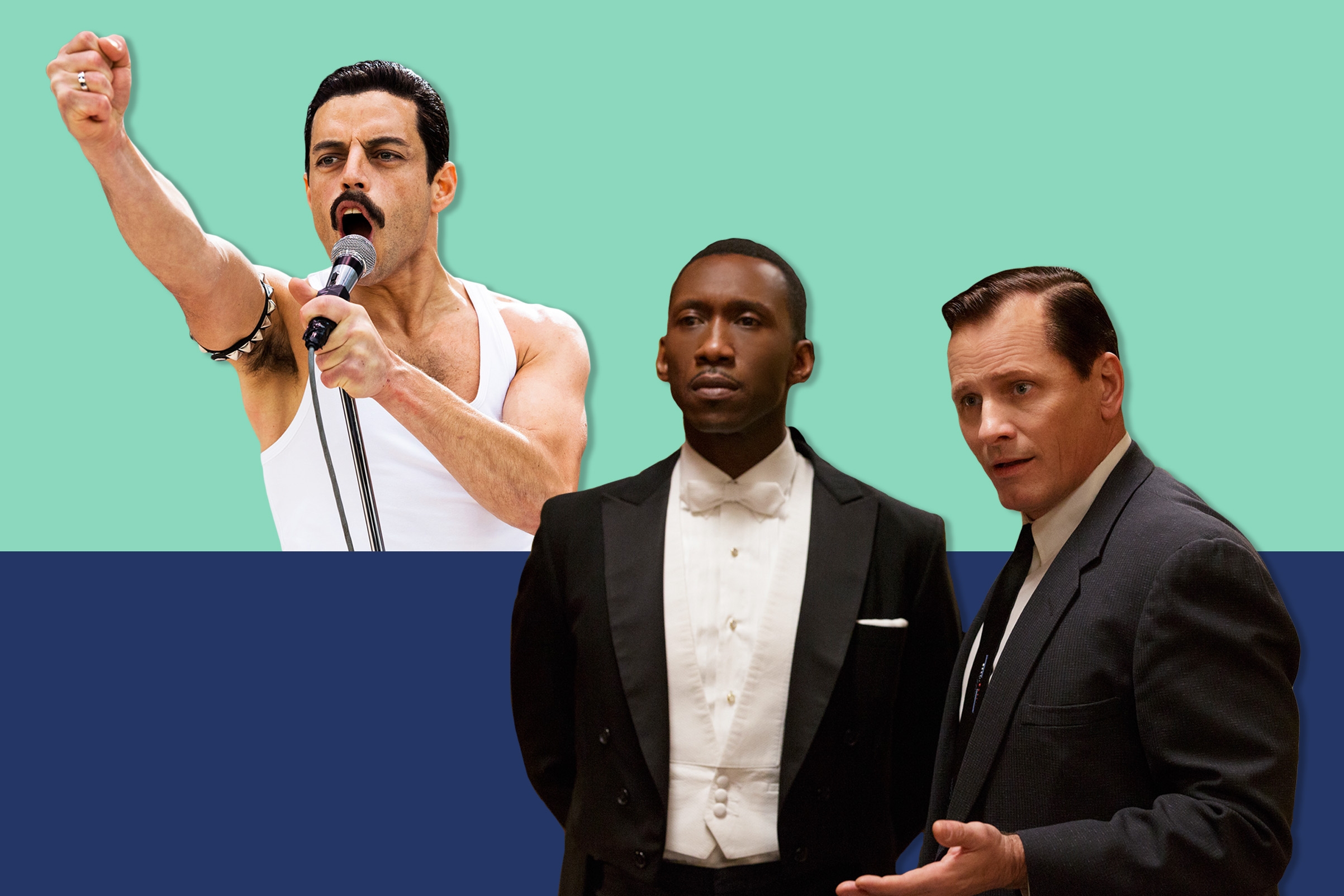 Rami Malek in Bohemian Rhapsody, and Mahershala Ali and Viggo Mortensen in Green Book