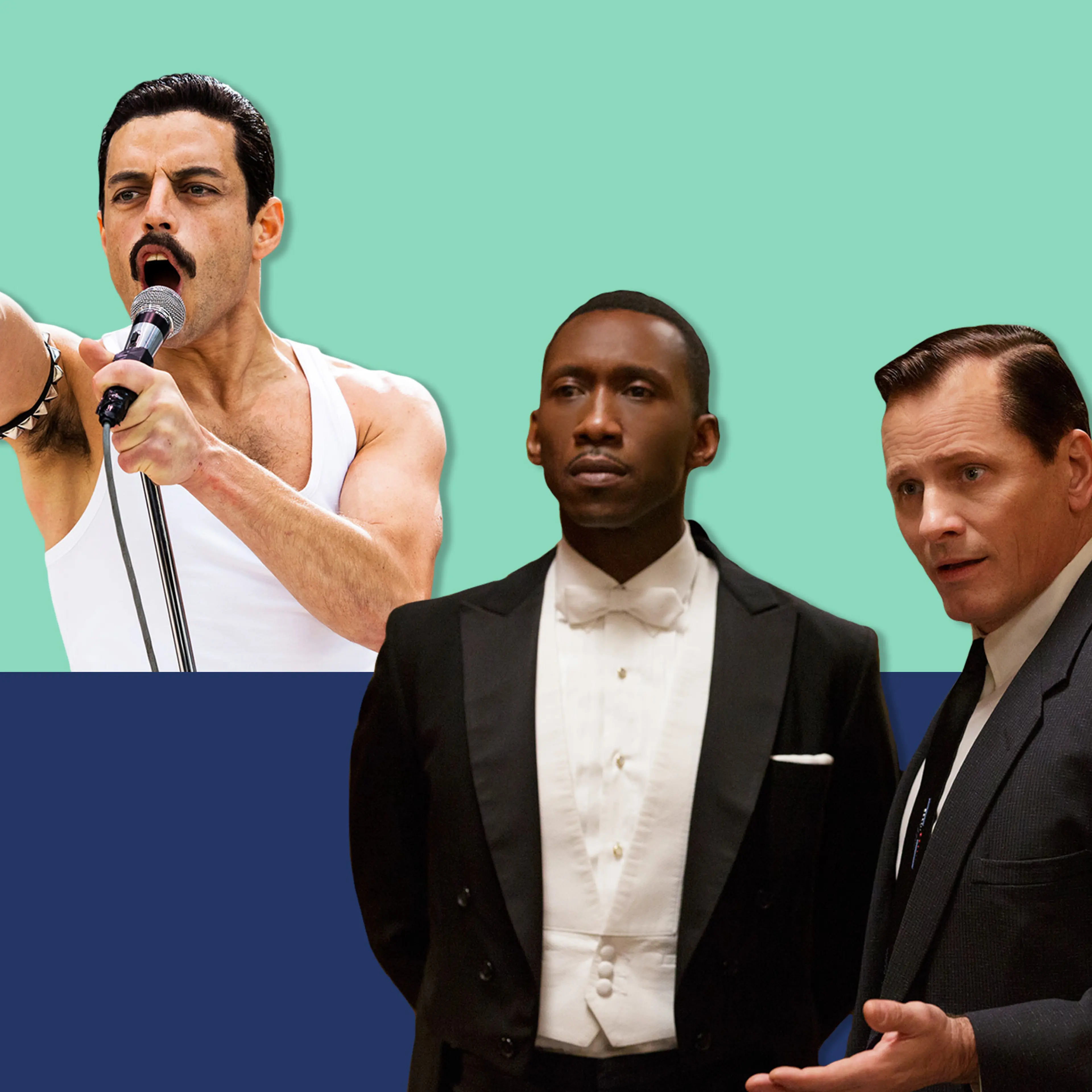 Rami Malek in Bohemian Rhapsody, and Mahershala Ali and Viggo Mortensen in Green Book