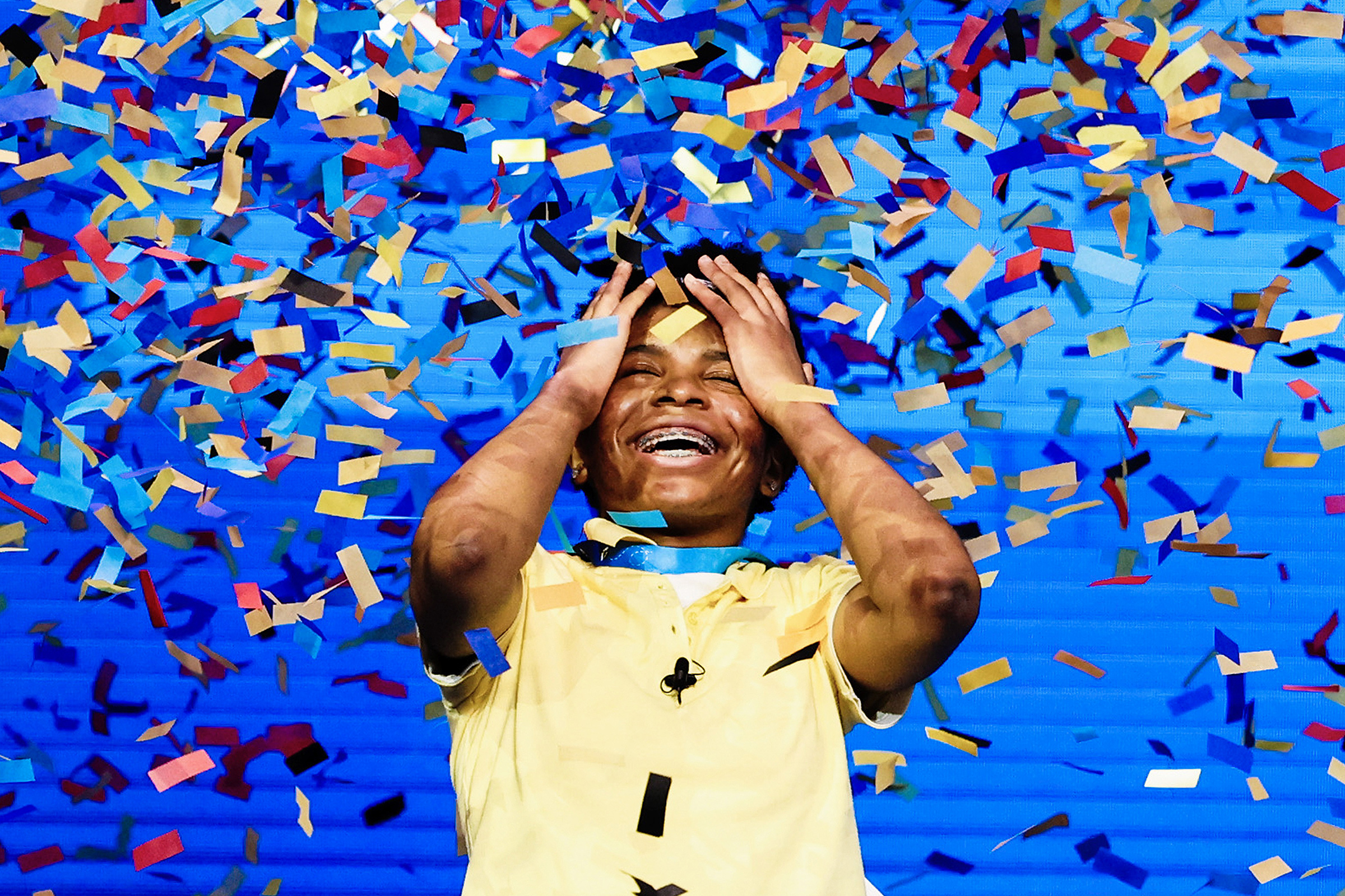 Zaila Avant-garde, 14, reacts to winning the Scripps National Spelling Bee in Orlando, Fla., on July 8, 2021. She became the first Black American to win and hold the title of national spelling bee champion.