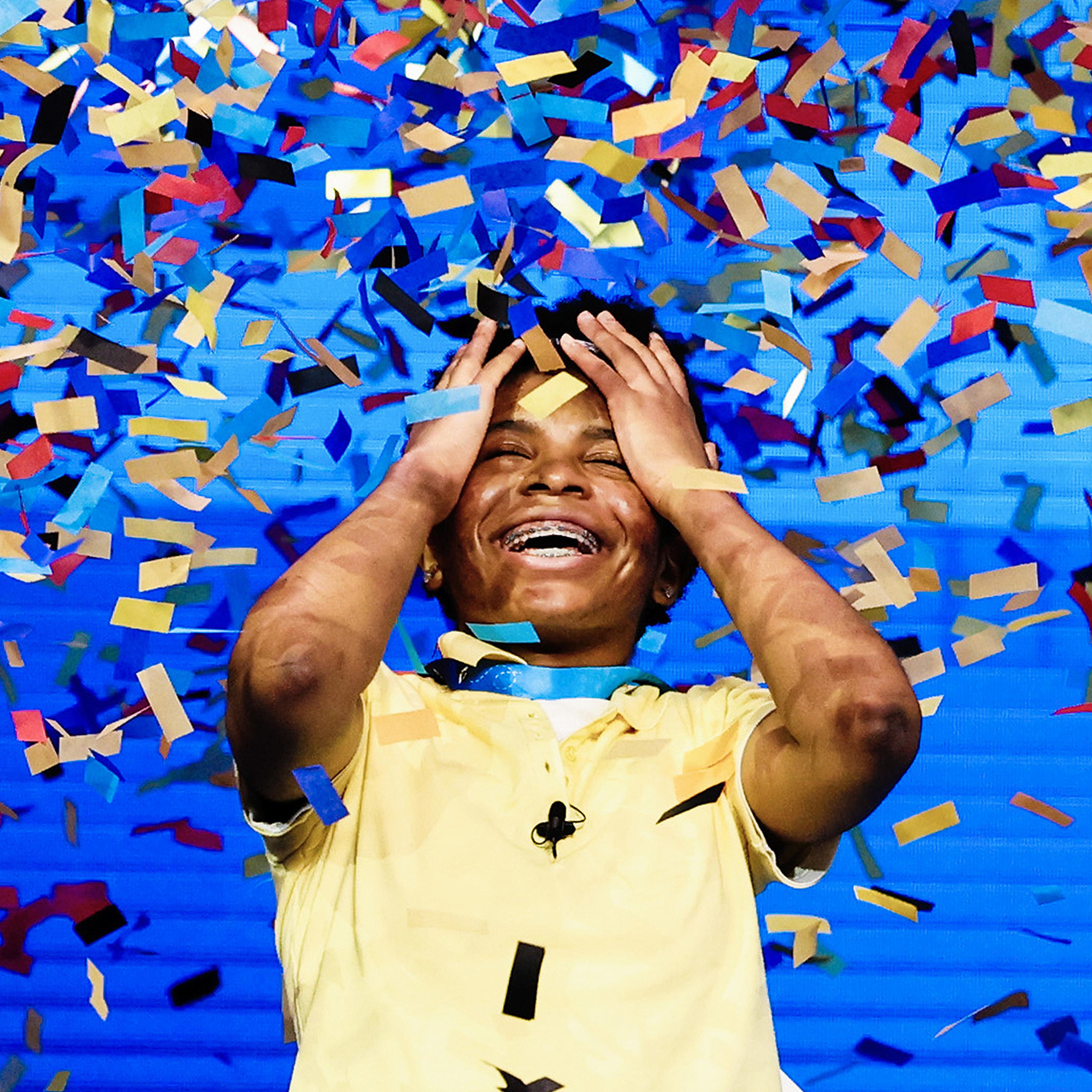 Zaila Avant-garde, 14, reacts to winning the Scripps National Spelling Bee in Orlando, Fla., on July 8, 2021. She became the first Black American to win and hold the title of national spelling bee champion.