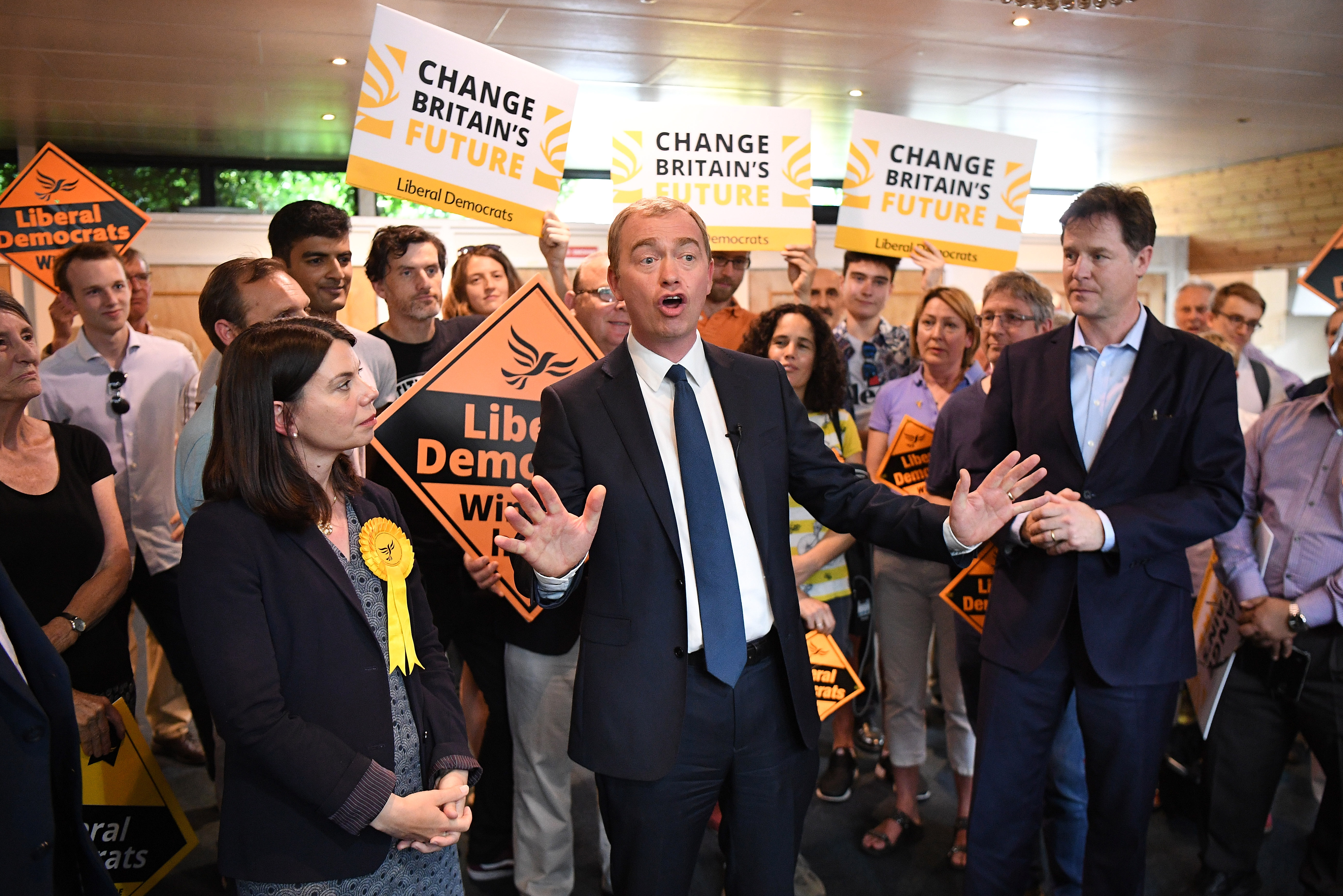 Liberal Democrats leader Tim Farron (C) speaks as Nick Clegg MP (R) and Liberal Democrat MP for Richmond Park Sarah Olney look on during a rally at the Shiraz Mirza Community Hall on June 1, 2017 in Kingston upon Thames, England.