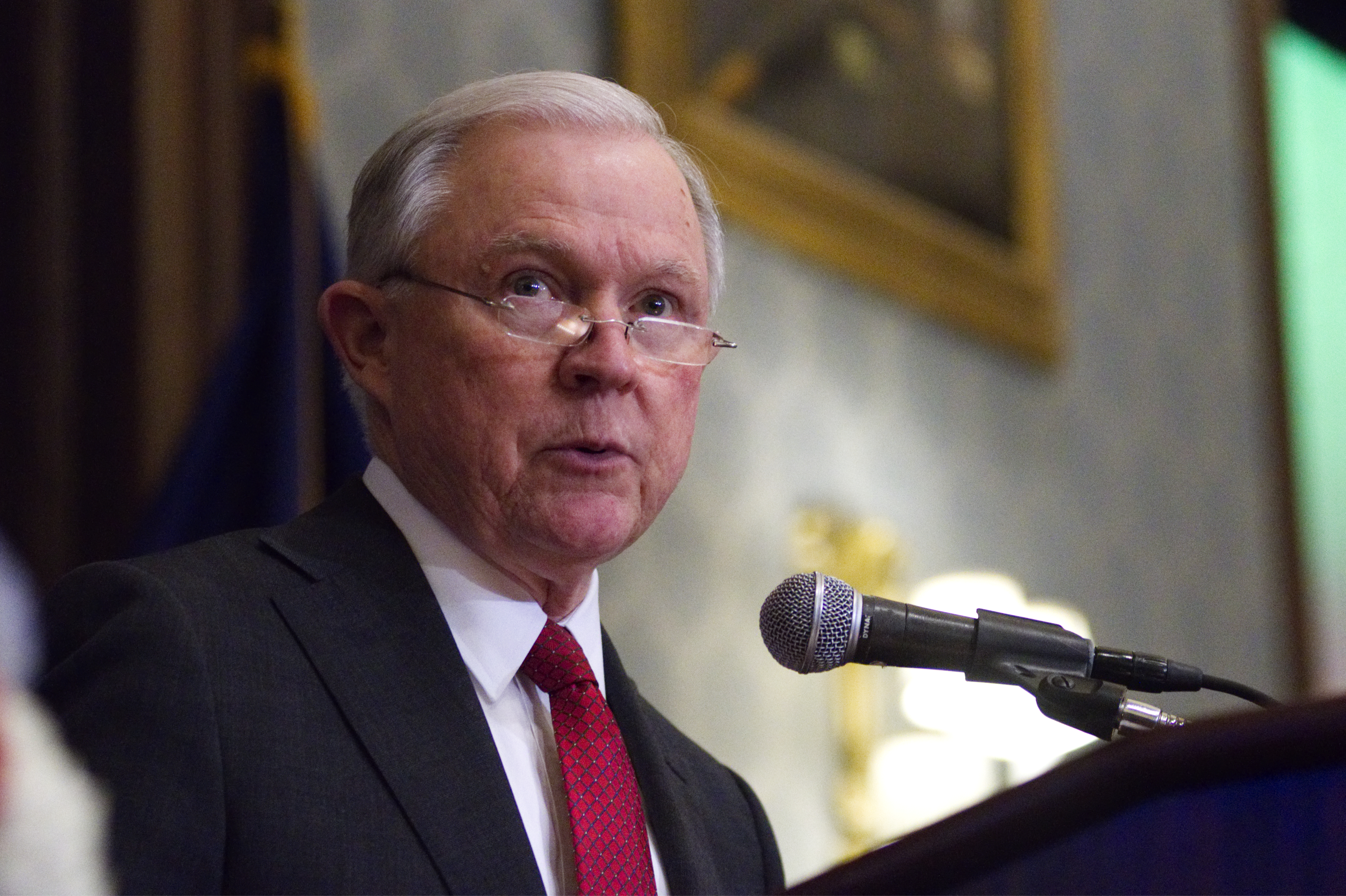 On Abraham Lincolns birthday, US Attorney General Jeff Sessions delivers remarks in the Lincoln Hall of Union League of Philadelphia in Philadelphia, PA, on February 12, 2018.