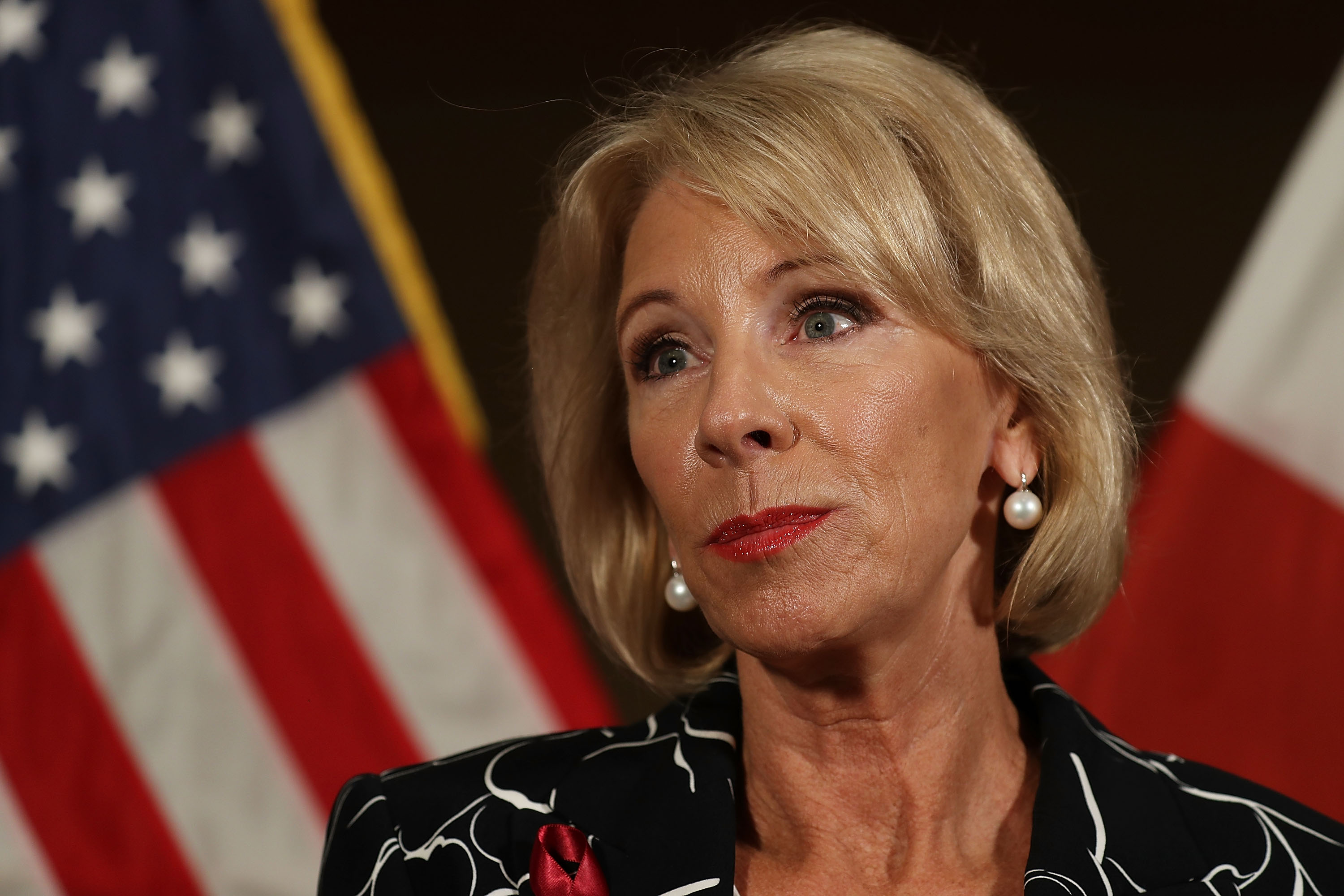 U.S. Education Secretary Betsy DeVos Speaks To Media After Visiting Students At Marjory Stoneman Douglas High School