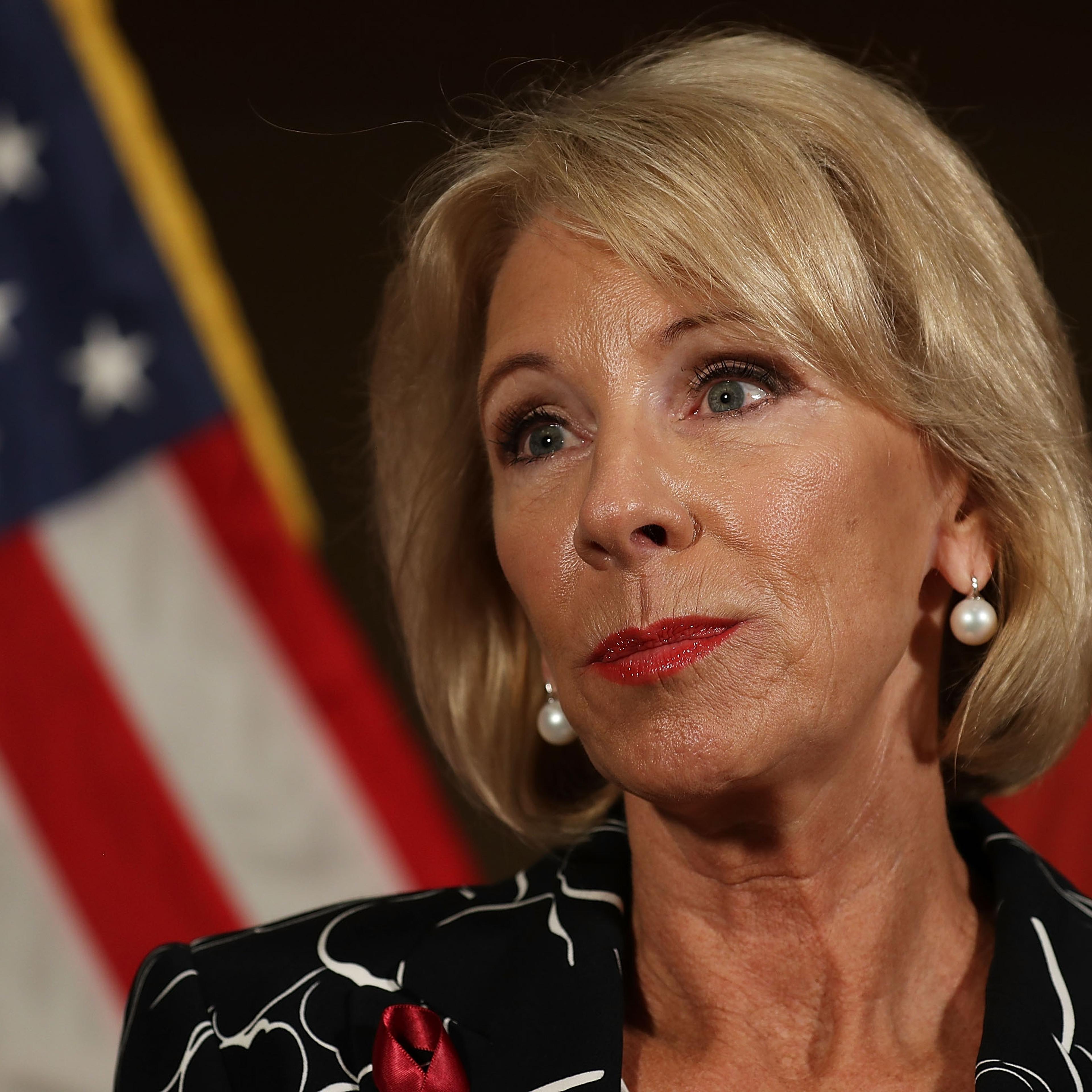 U.S. Education Secretary Betsy DeVos Speaks To Media After Visiting Students At Marjory Stoneman Douglas High School