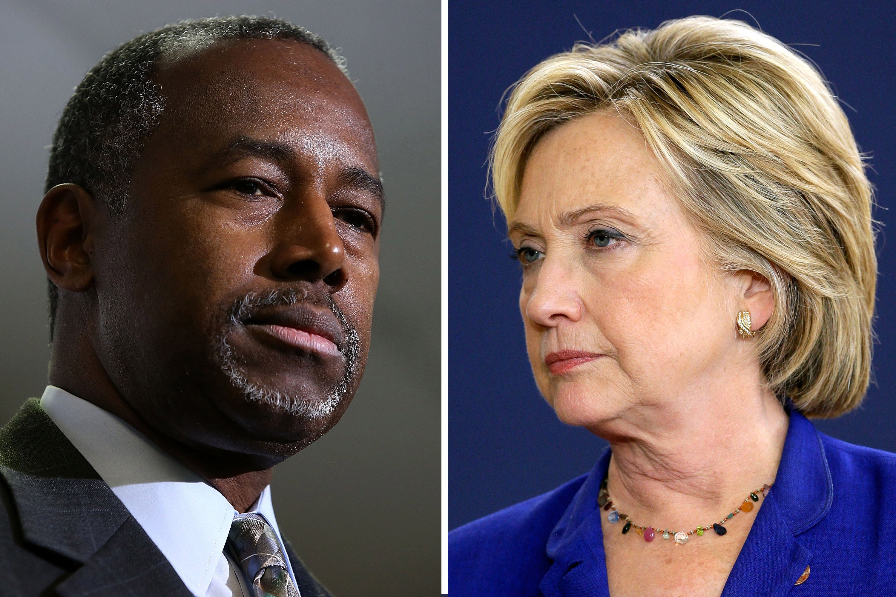 <i>Left</i>: Ben Carson speaks at Colorado Christian University in Lakewood on Oct. 29, 2015; <i>Right</i>: Hillary Rodham Clinton speaks in Des Moines, Iowa, on Sept. 22, 2015.