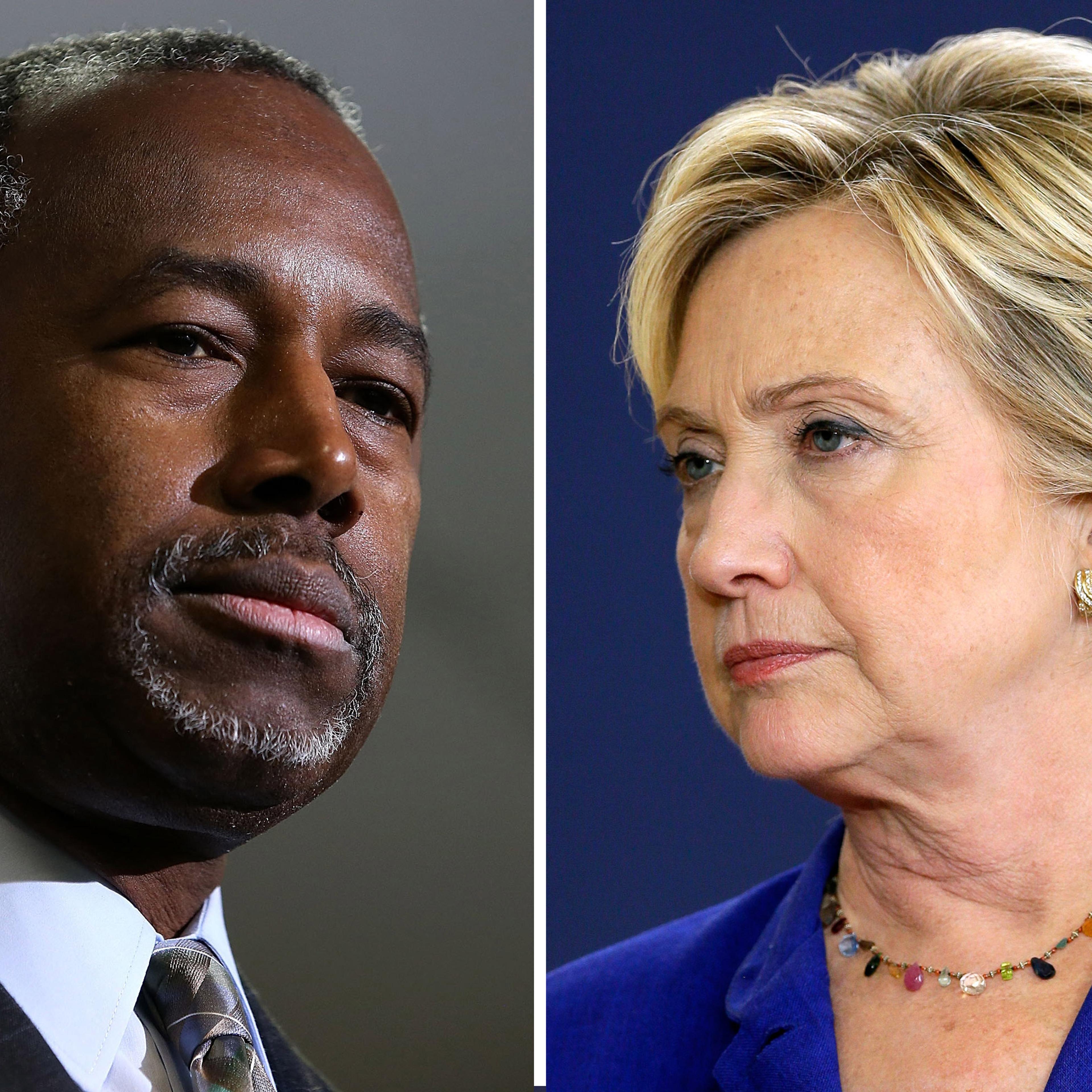 <i>Left</i>: Ben Carson speaks at Colorado Christian University in Lakewood on Oct. 29, 2015; <i>Right</i>: Hillary Rodham Clinton speaks in Des Moines, Iowa, on Sept. 22, 2015.