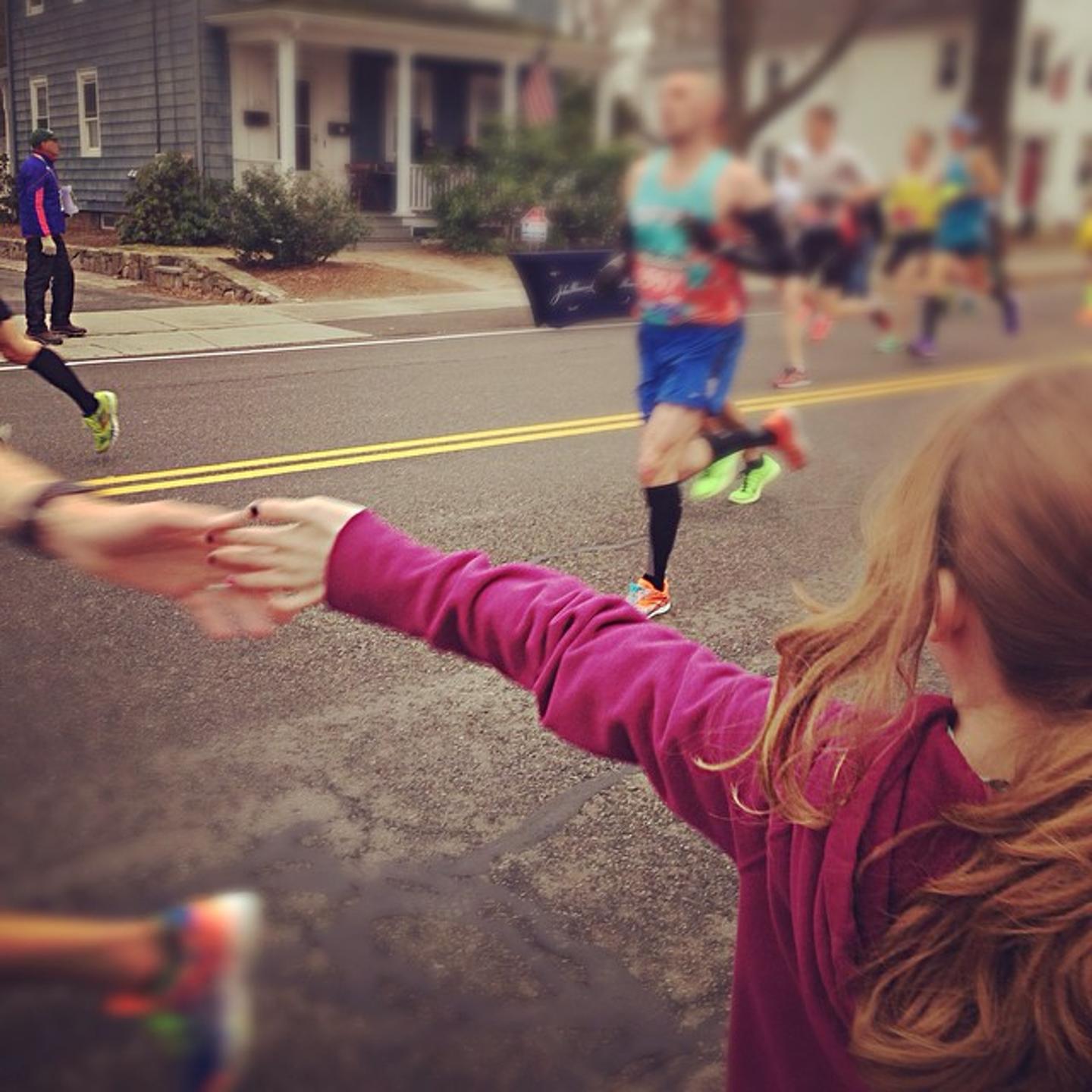 "No words for this picture...just overwhelming emotion. My friends daughter supporting our runners. #Boston #BostonStrong #BostonMarathon #Ashland #ThisIsOurCity #TheCitysHeart 🇺🇸🏃💛💙" From Amelia on Instagram.