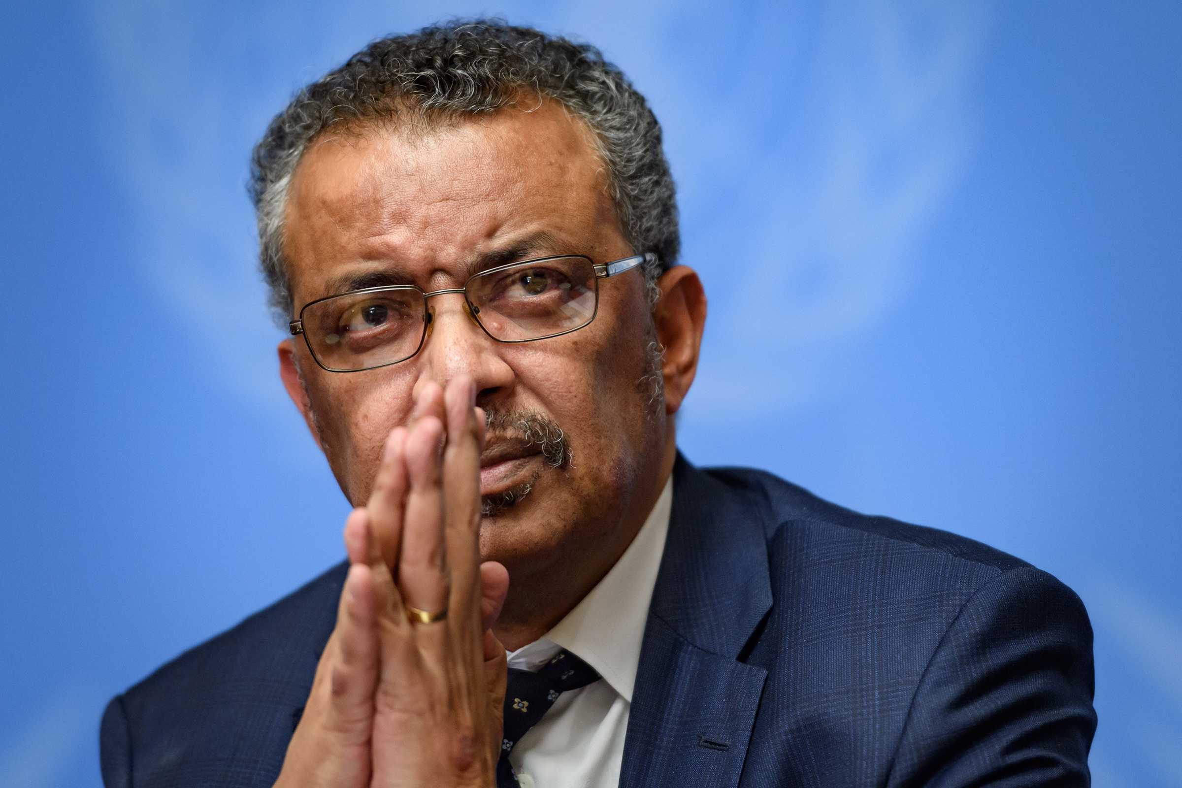 World Health Organization (WHO) Director-General Tedros Adhanom Ghebreyesus gestures during a press briefing on evolution of new coronavirus epidemic on Jan. 29 in Geneva