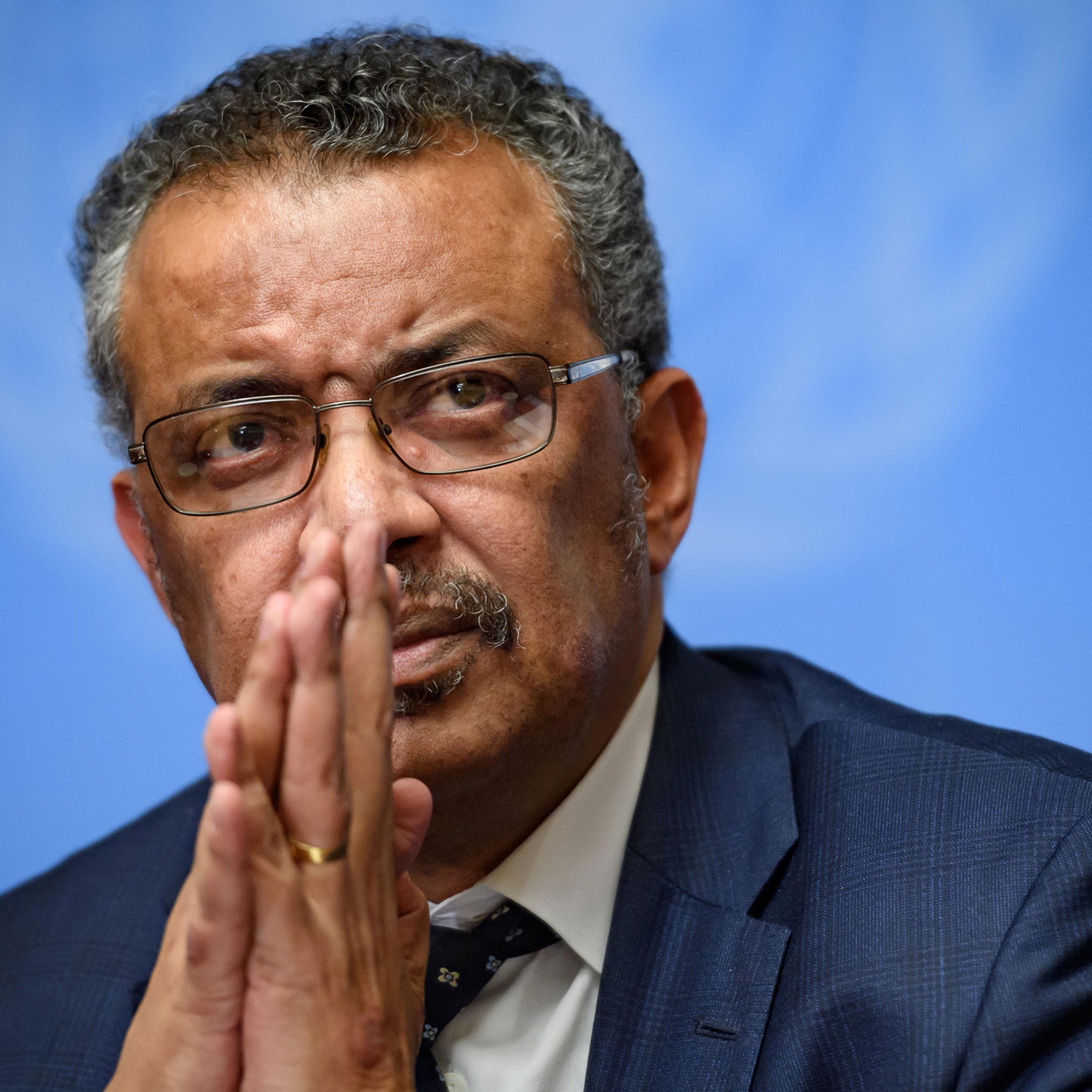 World Health Organization (WHO) Director-General Tedros Adhanom Ghebreyesus gestures during a press briefing on evolution of new coronavirus epidemic on Jan. 29 in Geneva