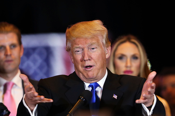 Republican presidential front runner Donald Trump speaks to supporters and the media at Trump Tower in Manhattan following his victory in the Indiana primary on May 03, 2016 in New York, New York.