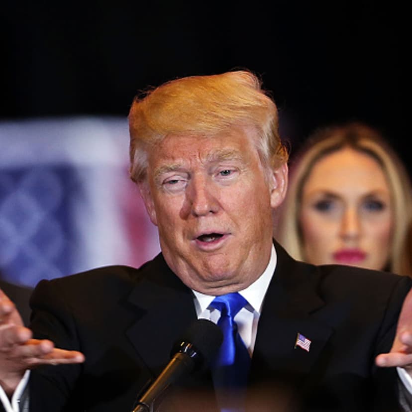 Republican presidential front runner Donald Trump speaks to supporters and the media at Trump Tower in Manhattan following his victory in the Indiana primary on May 03, 2016 in New York, New York.