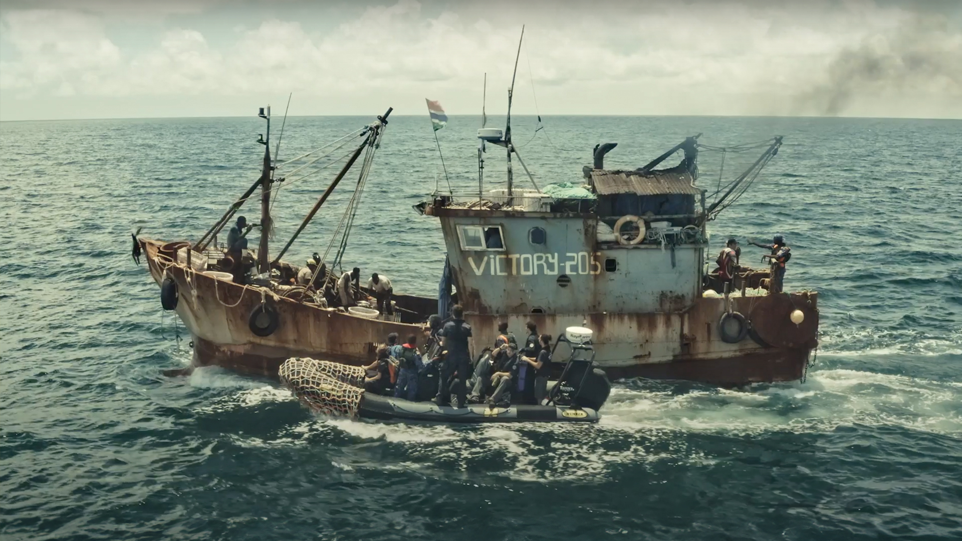 In August 2019, The Outlaw Ocean Project team inspects a Chinese fishing vessel off the coast of West Africa.

