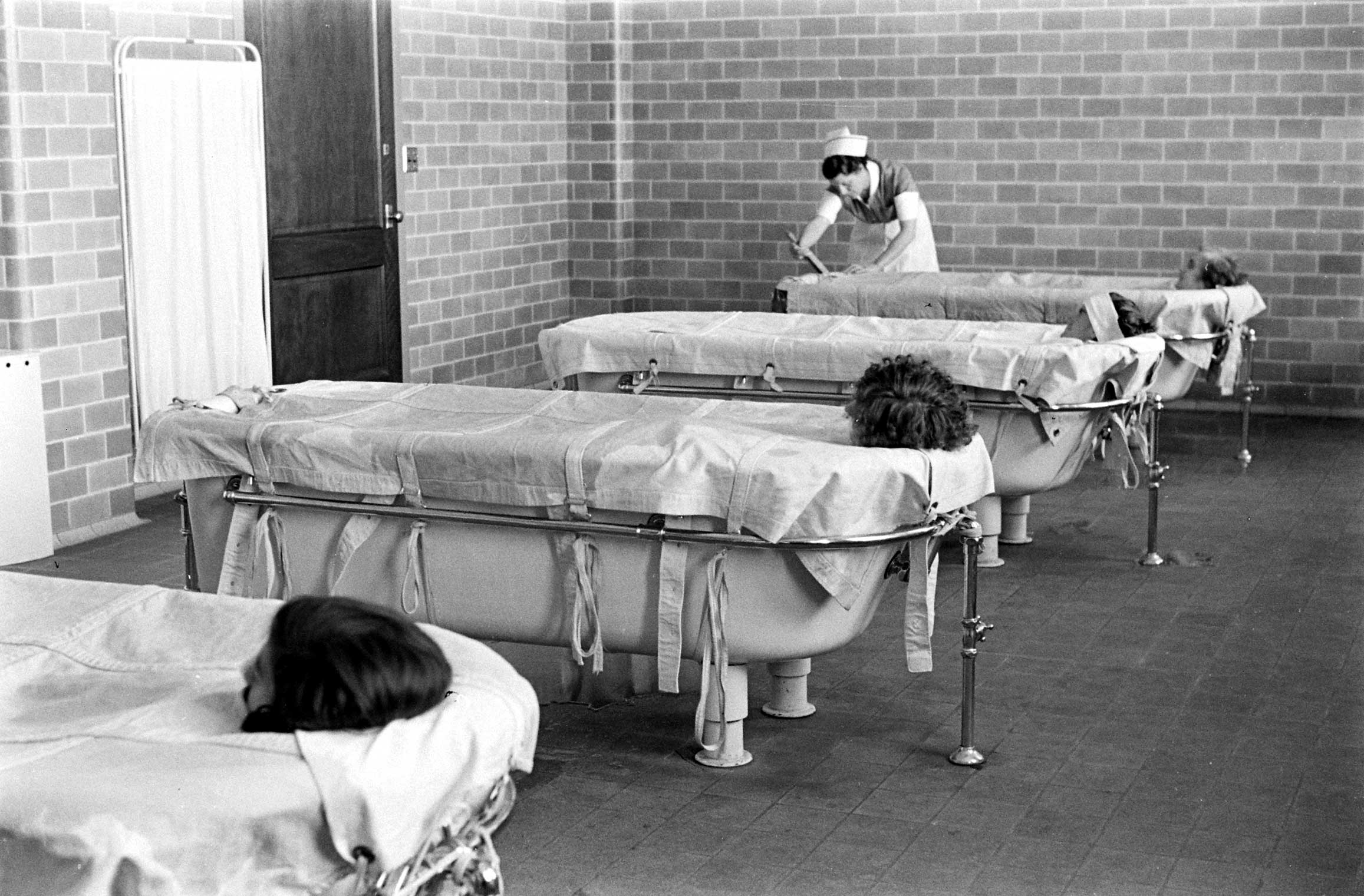 Continuous-flow bath is the best method for calming excited mental cases. With their bodies greased, the patients can remain in the baths for hours, gradually fall asleep."