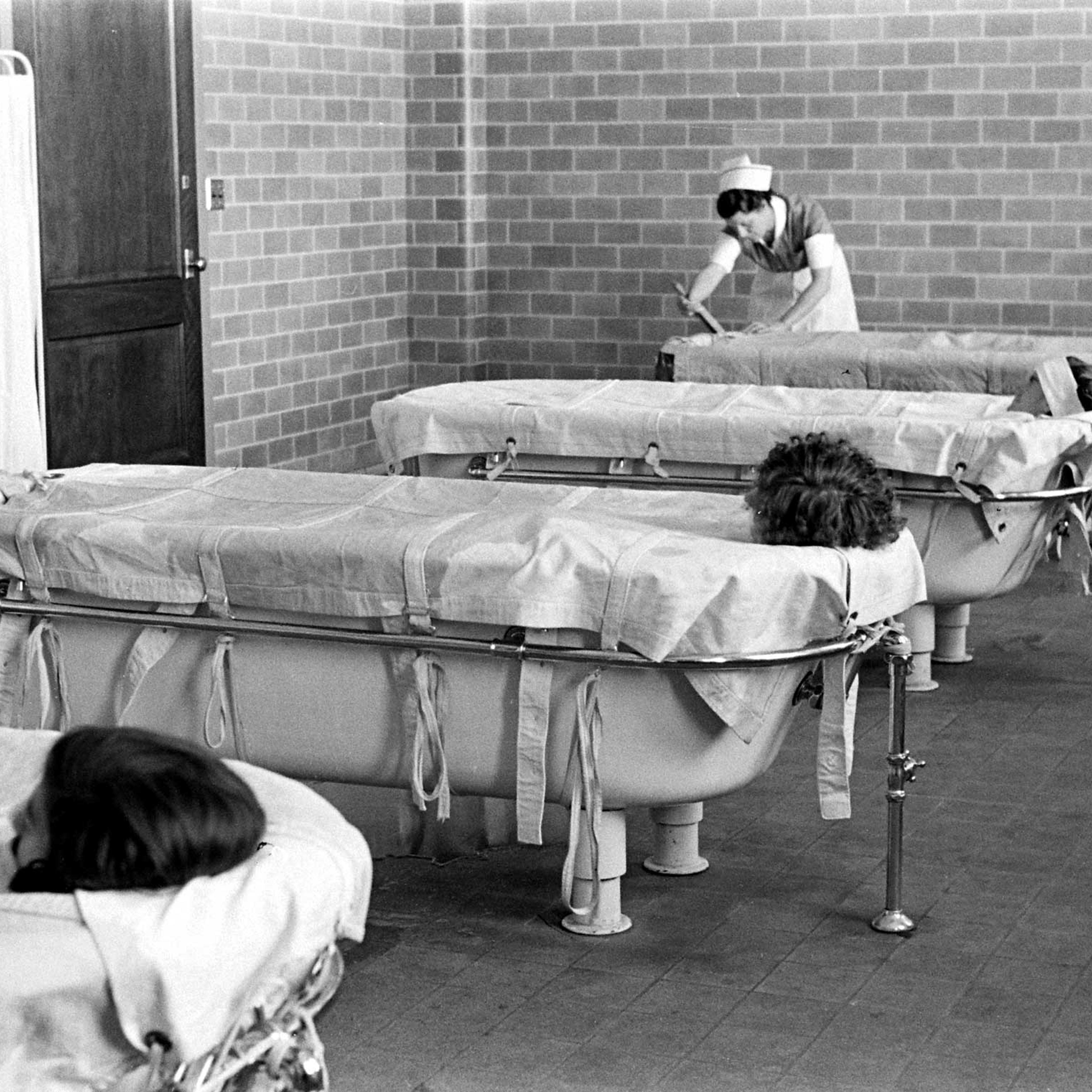 Continuous-flow bath is the best method for calming excited mental cases. With their bodies greased, the patients can remain in the baths for hours, gradually fall asleep."
