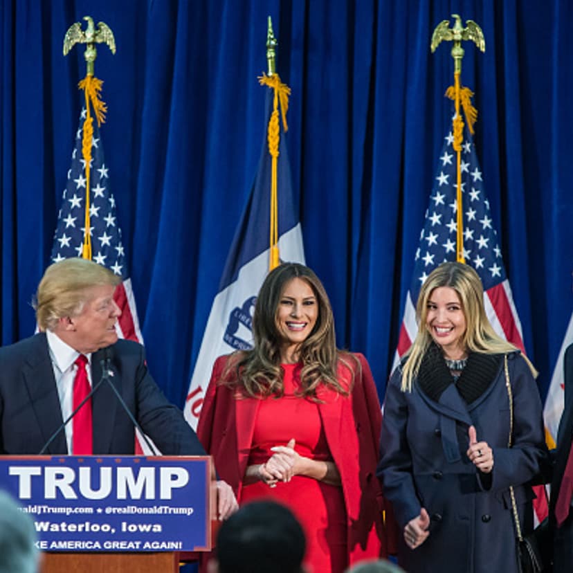 Republican presidential candidate Donald Trump (L) is joined on stage by his wife Melania Trump, daughter Ivanka Trump, and son-in-law Jared Kushner (L-R) at a campaign rally at the Ramada Waterloo Hotel and Convention Center on February 1, 2016 in Water