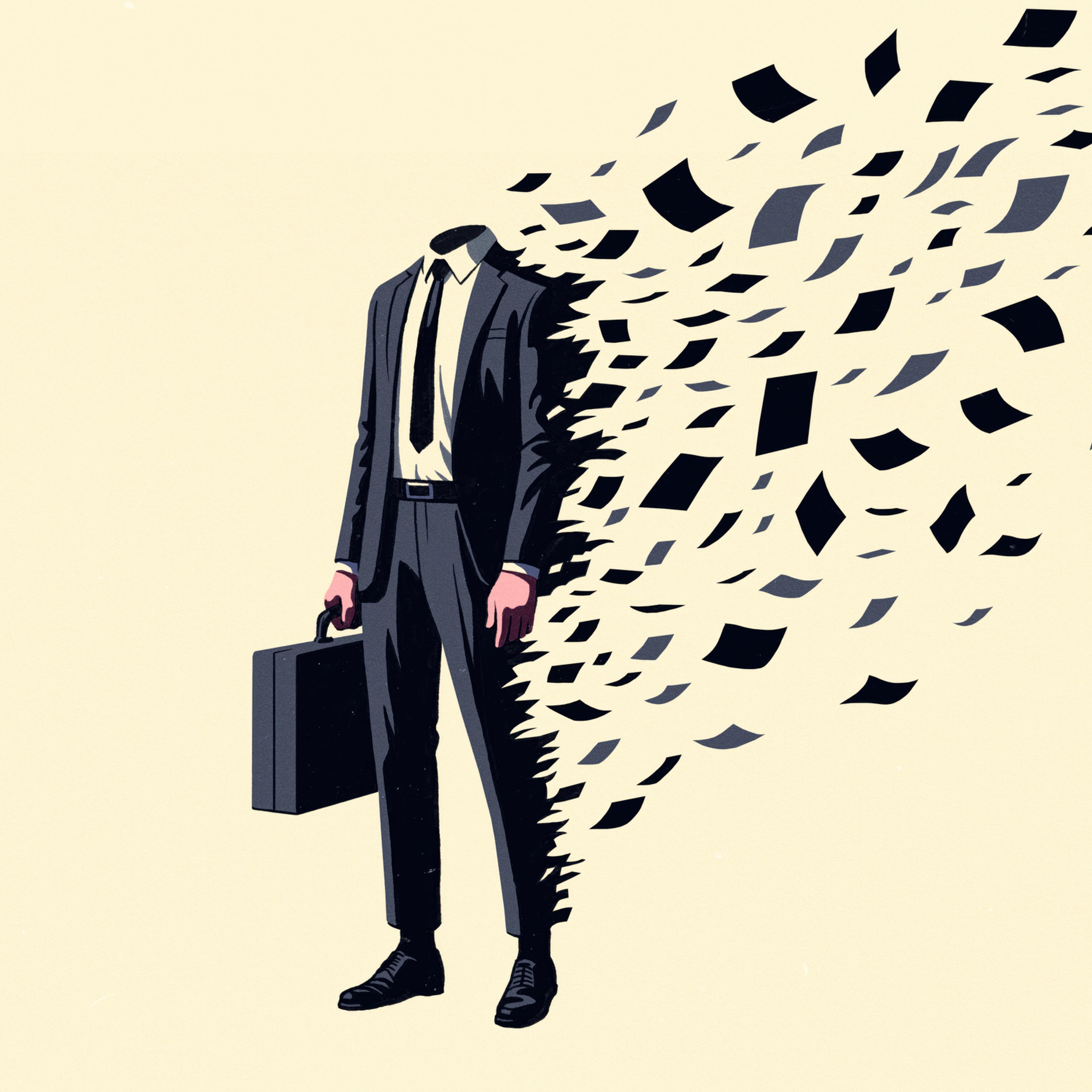 Man in business suit disintegrating into a flurry of papers