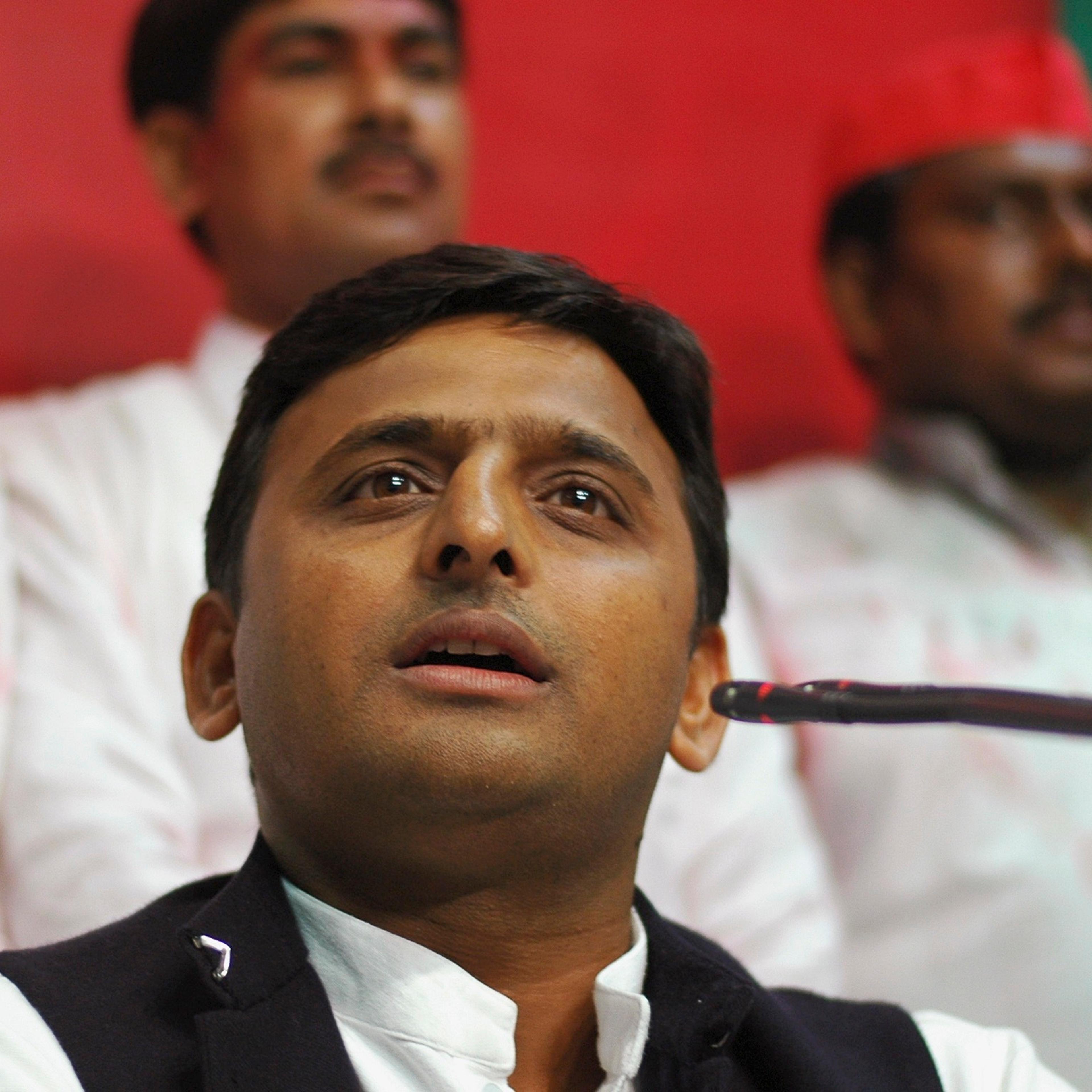 Akhilesh Yadav speaks during a news conference at their party headquarters in Lucknow