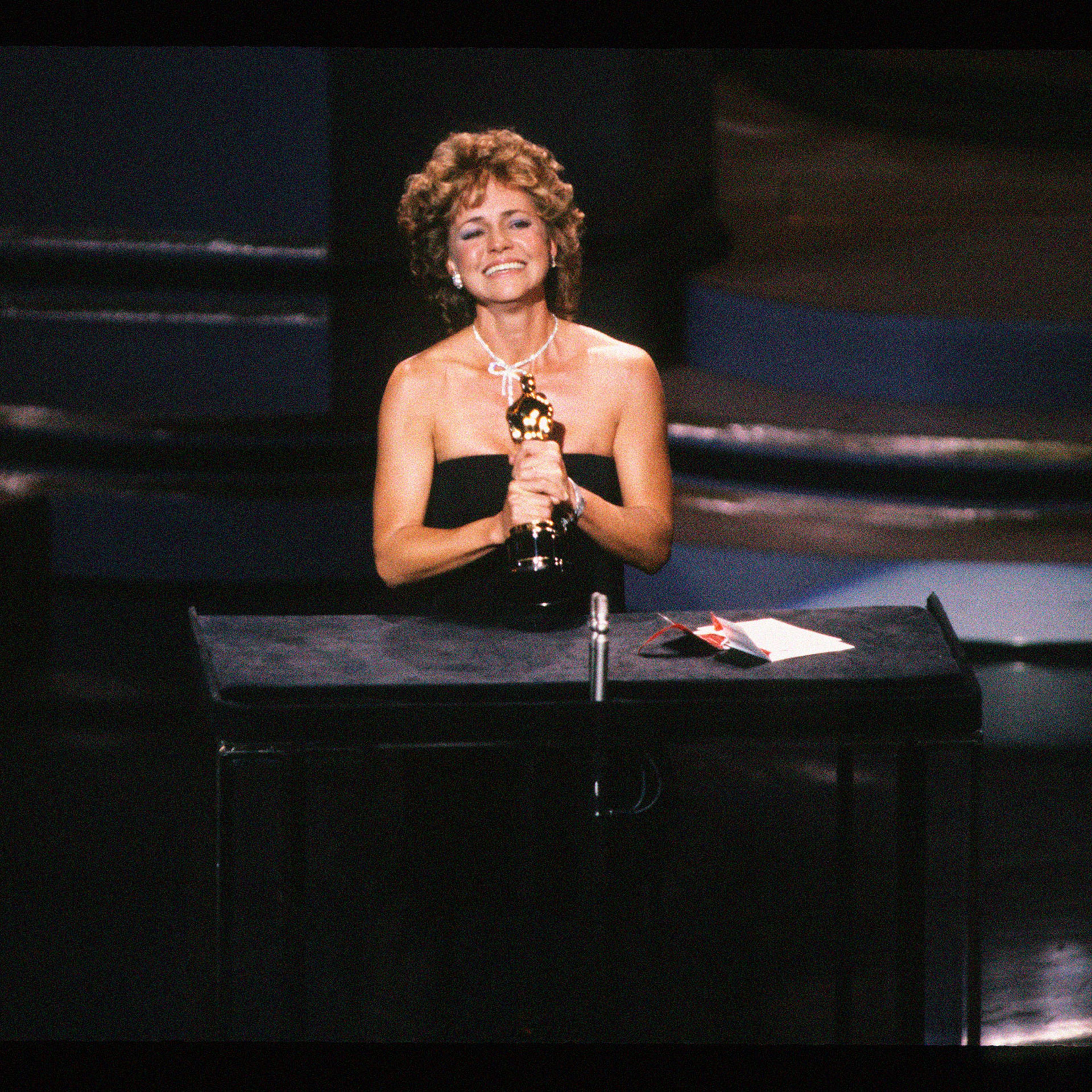 Sally Field accepts the Oscar for Best Actress for her role in the film Places in the Heart at the 57th Academy Awards on March 25, 1985.