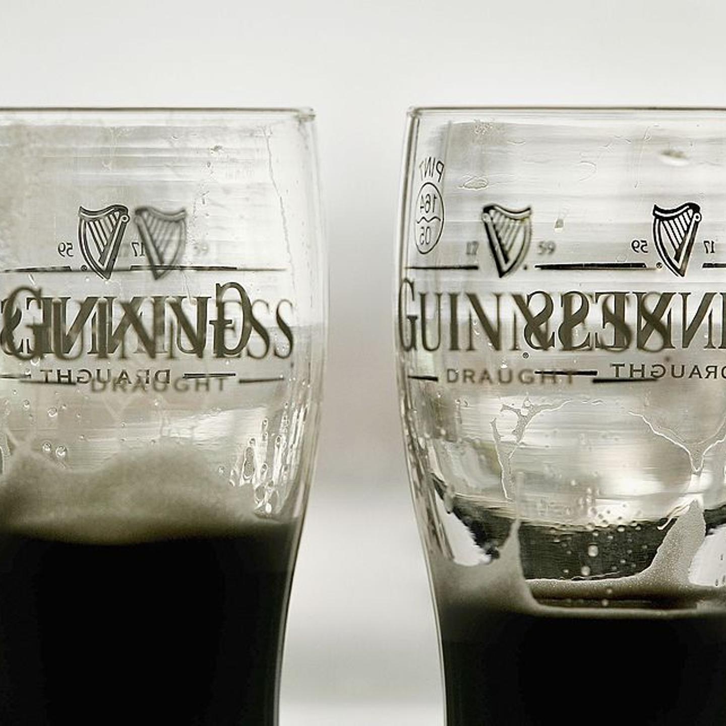 Half drunk pints are seen at the bar within the Guinness brewery in Dublin, Ireland.