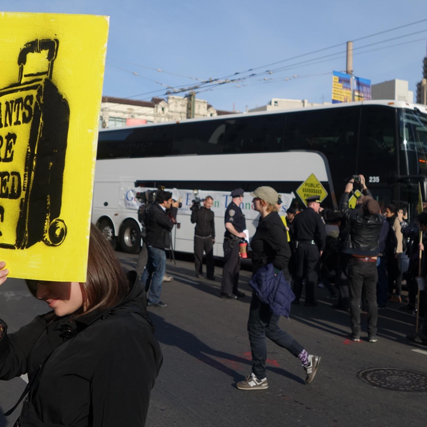Residents protests rising evictions and rents in San Francisco by blocking two private shuttles transporting tech workers from their homes in San Francisco to their jobs in Silicon Valley on Jan. 21, 2014.