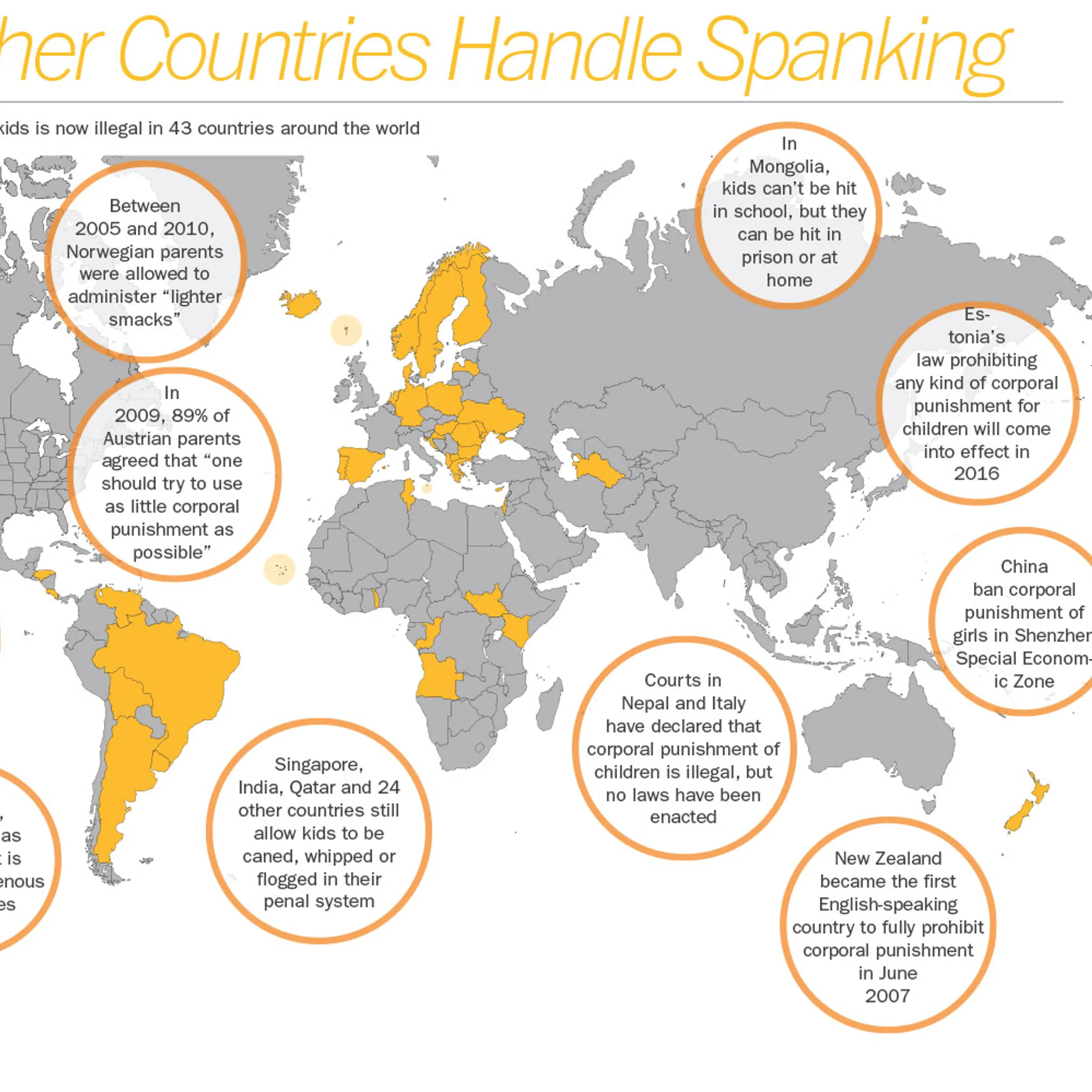 <a href="https://time.com/wp-content/uploads/2014/12/map.jpg" target="_new">➞ Click to enlarge</a> | Sources: Global Initiative to End All Corporal Punishment of Children; Special Representative of the Secretary-General on Violence against Children