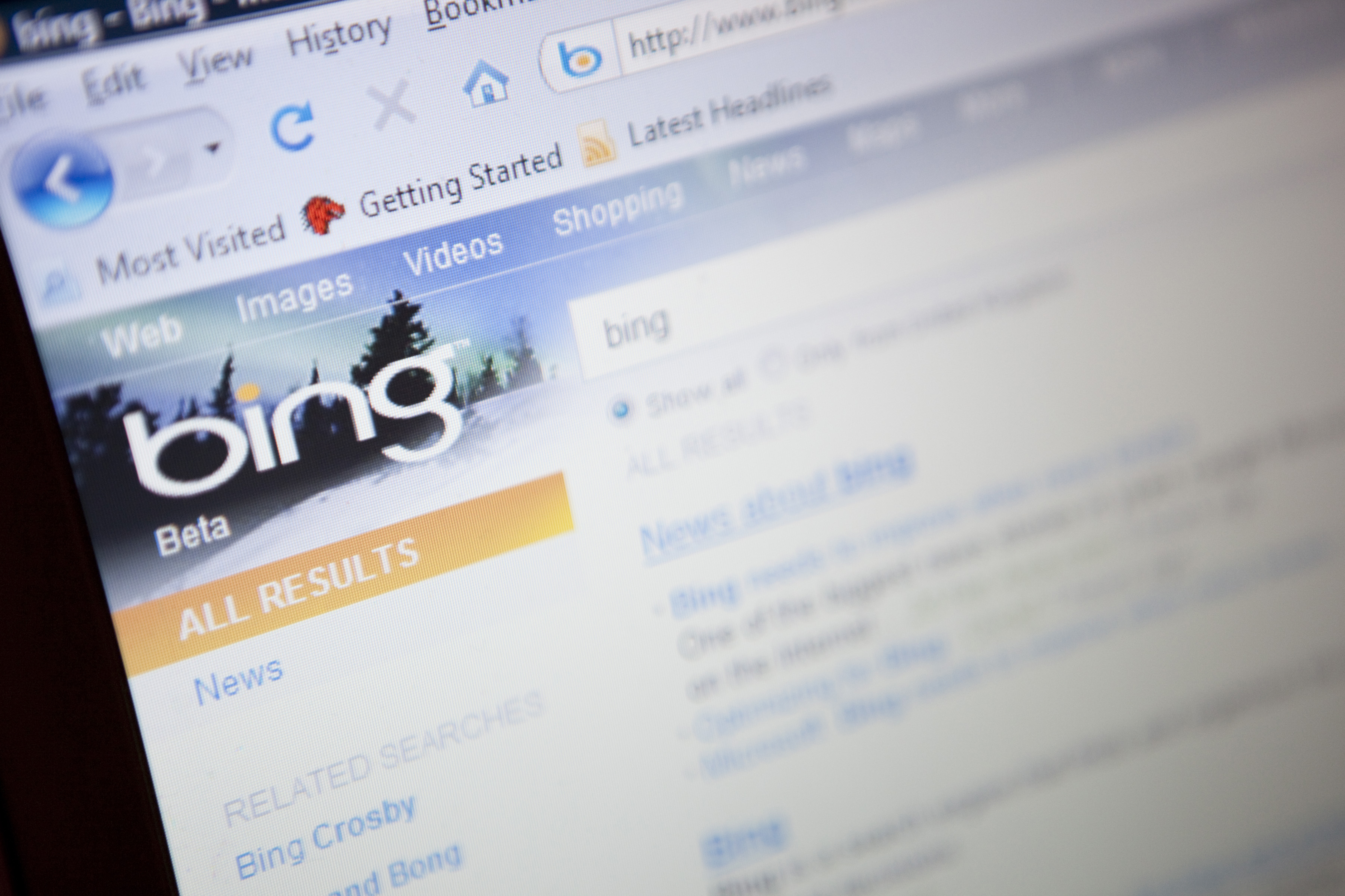 Illustrative image of the new Microsoft 'bing' search engine website.