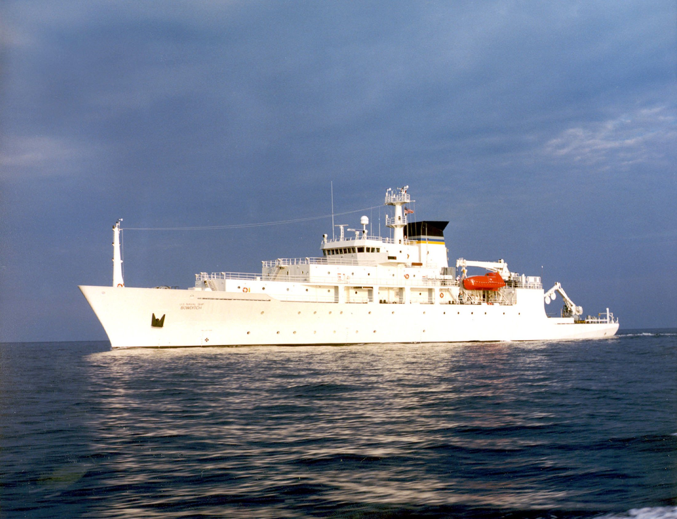 The oceanographic survey ship, USNS Bowditch, which deployed an underwater drone seized by a Chinese Navy warship in the South China Sea on Dec. 16, 2016, is shown in a U.S. Navy supplied photo, Sept. 20, 2002.