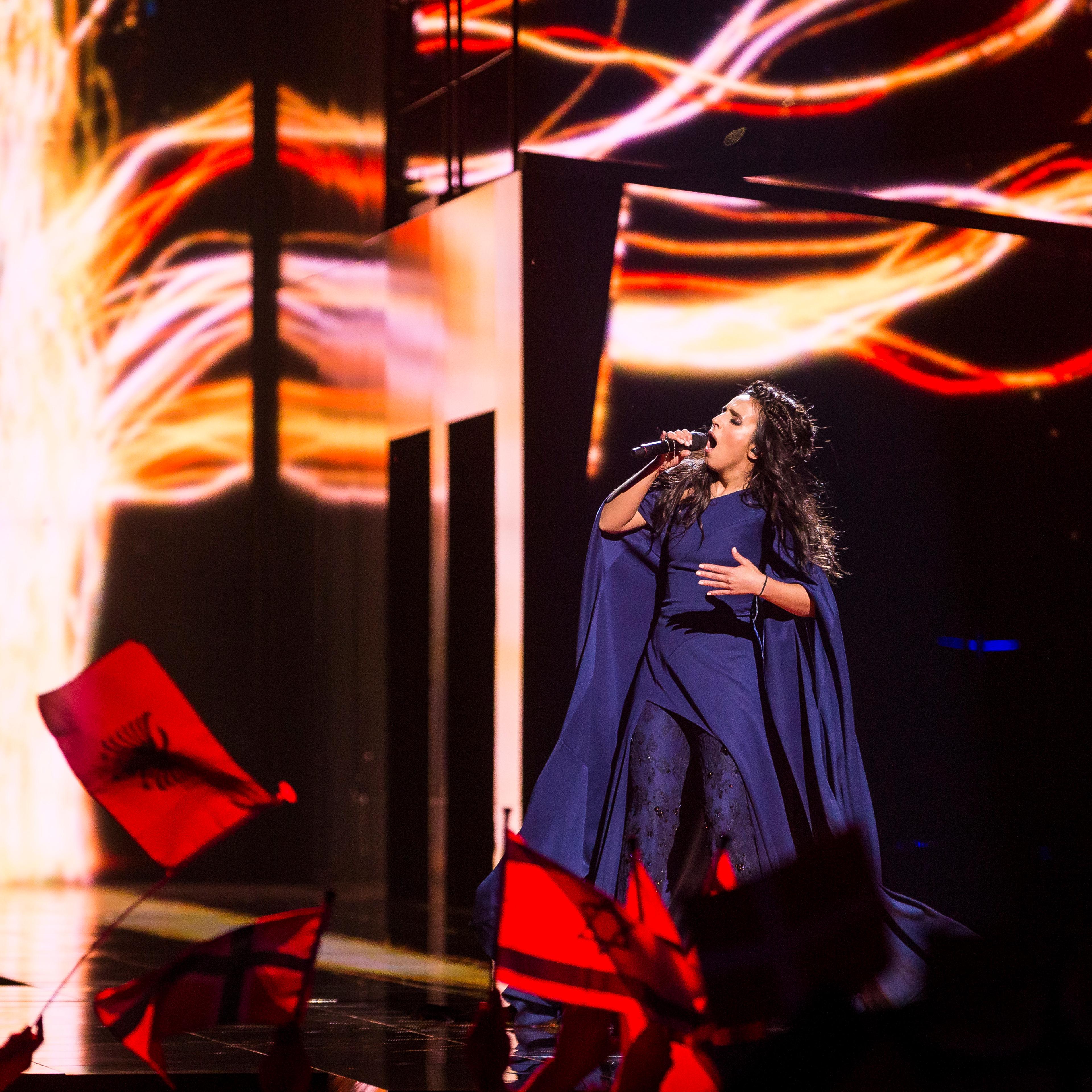 Jamala representing Ukraine performs the song "1944" during the semifinals of the 2016 Eurovision Song Contest in Stockholm, Sweden on May 12, 2016.