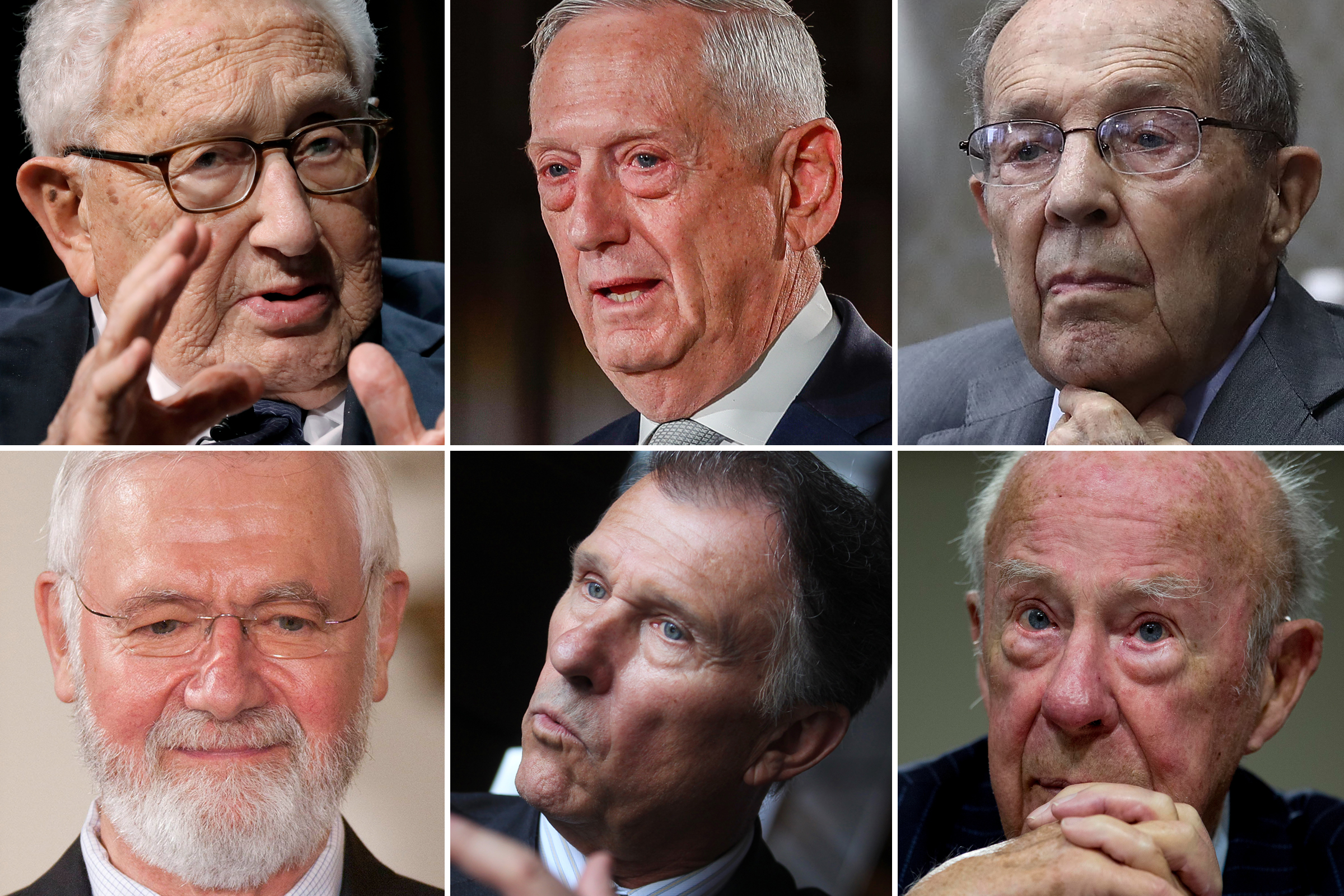Theranos' board of directors. Clockwise from top left: Henry Kissinger (former United States Secretary of State), Jim Mattis (retired Marine Corps four-star general), William Perry (former United States Secretary of Defense), George Shultz (former United
