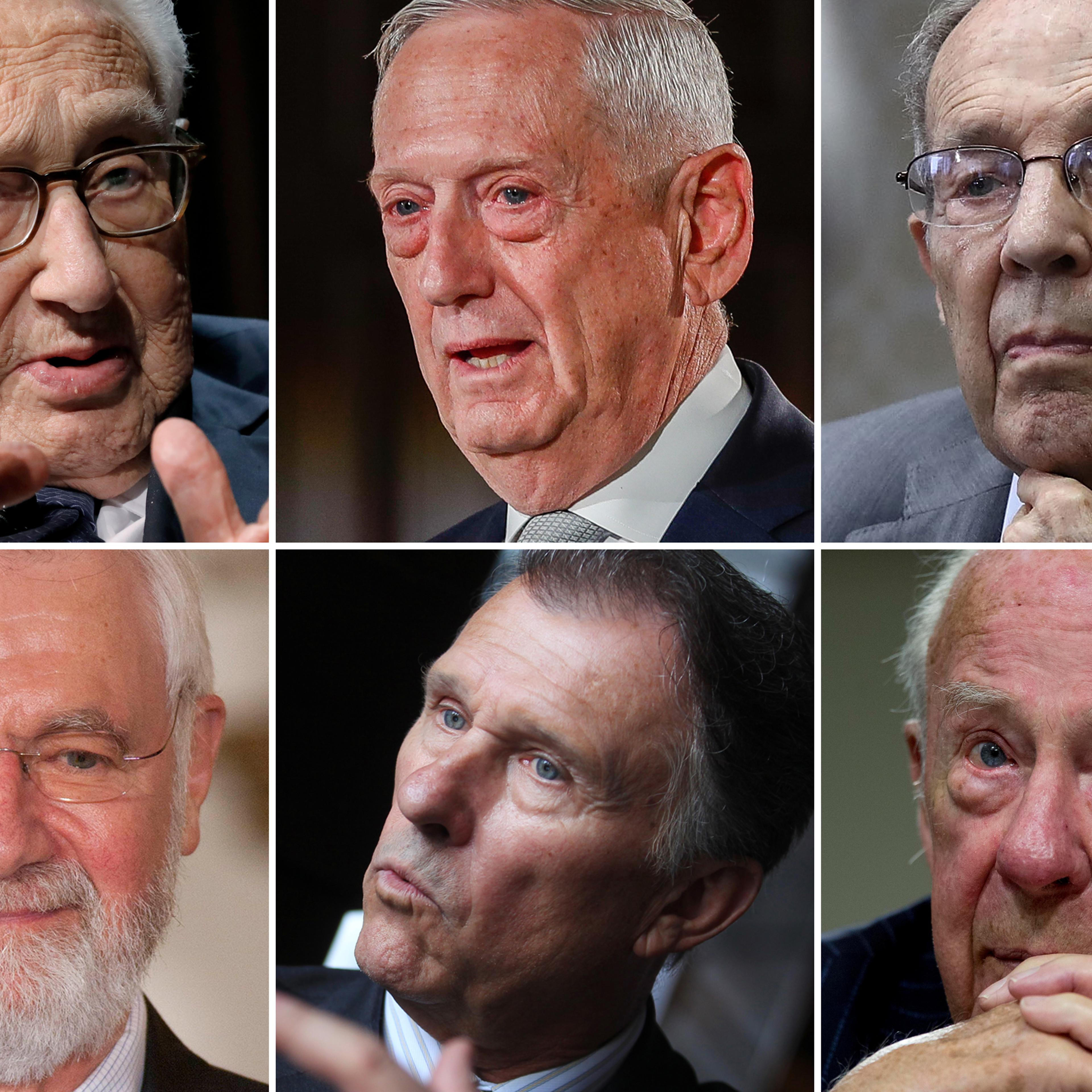 Theranos' board of directors. Clockwise from top left: Henry Kissinger (former United States Secretary of State), Jim Mattis (retired Marine Corps four-star general), William Perry (former United States Secretary of Defense), George Shultz (former United