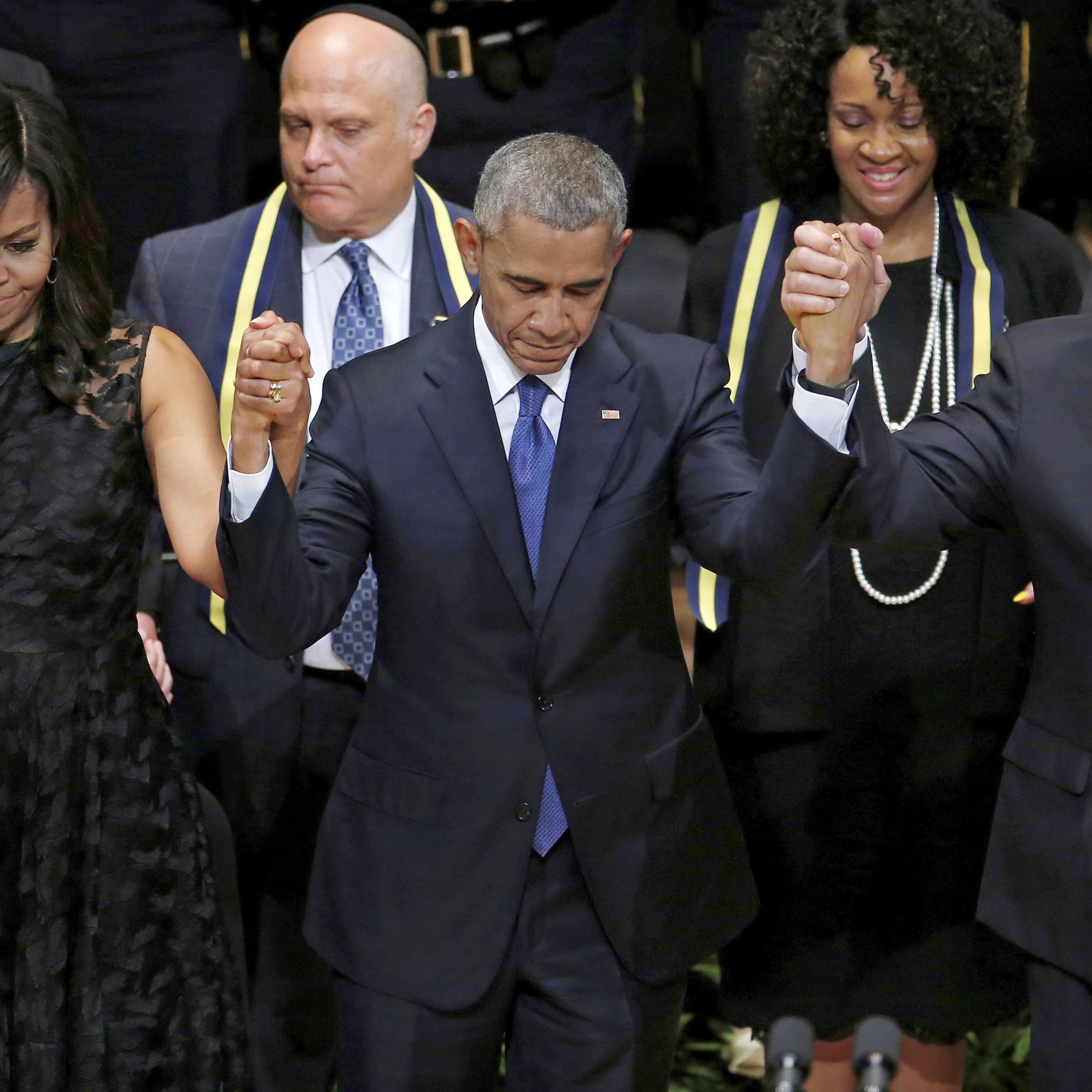 At a service for the five Dallas police officers killed on July 8, President Obama, with Michelle Obama and Dallas Mayor Mike Rawlings, said he had “spoken at too many memorials”